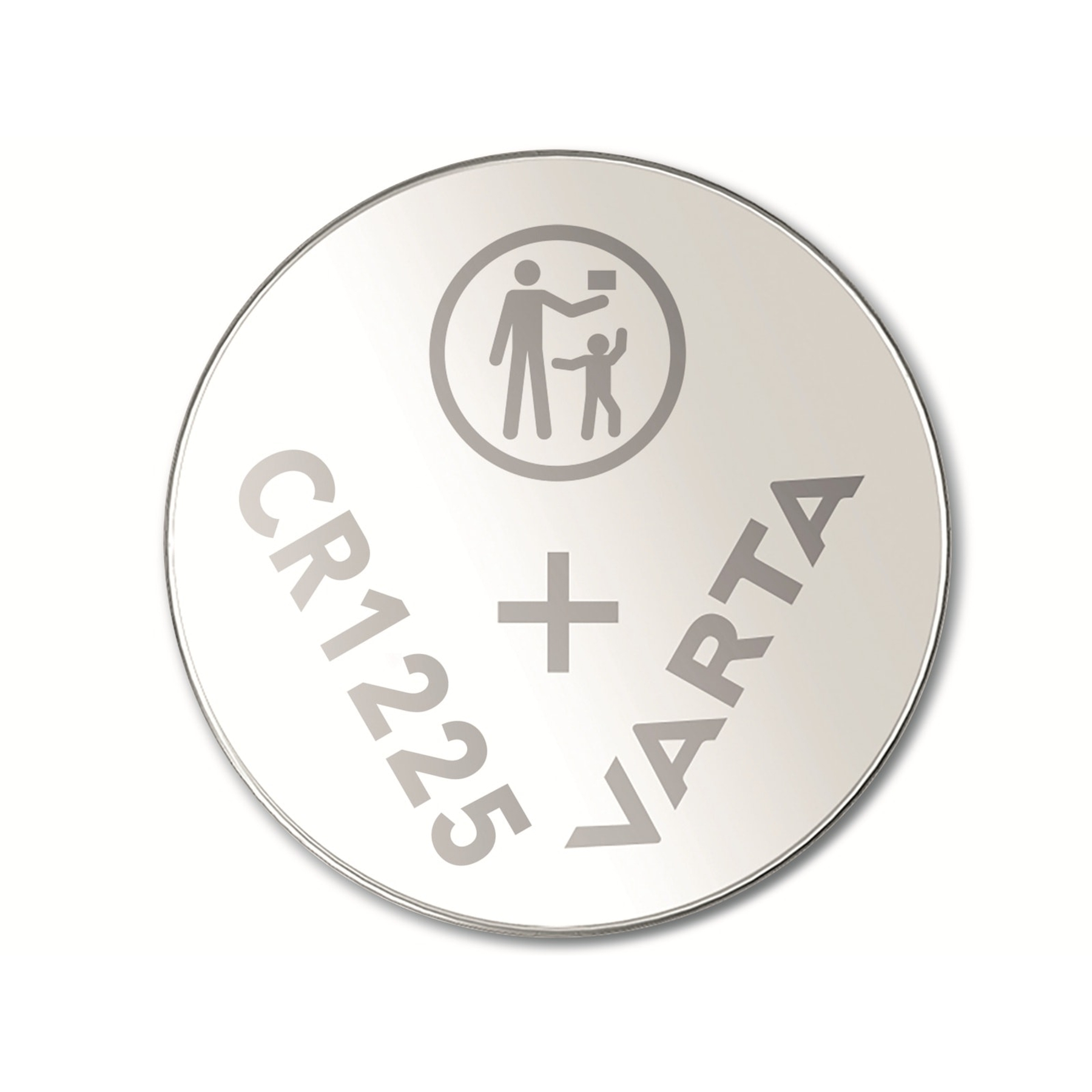 Eine runde Varta CR1225 Batterie. Sie hat ein Warnsymbol und Text, der den Batterietyp angibt.