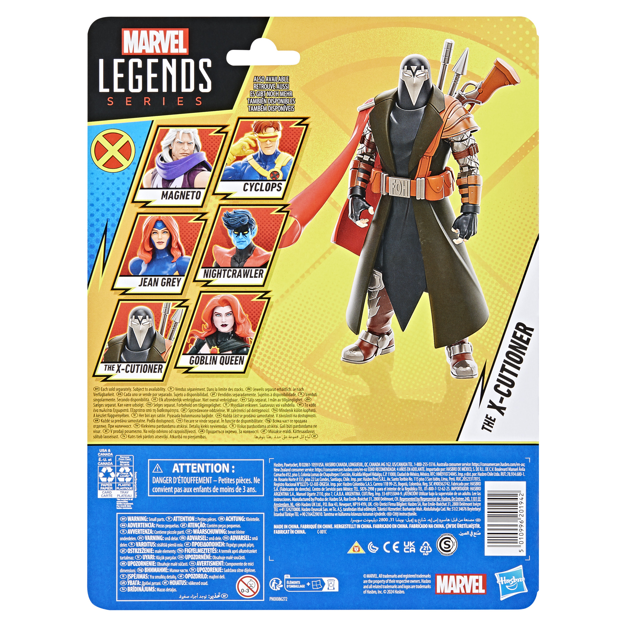 Verpakking van een actiefiguur. De X-Cutioner figuur wordt getoond met cape en wapens.