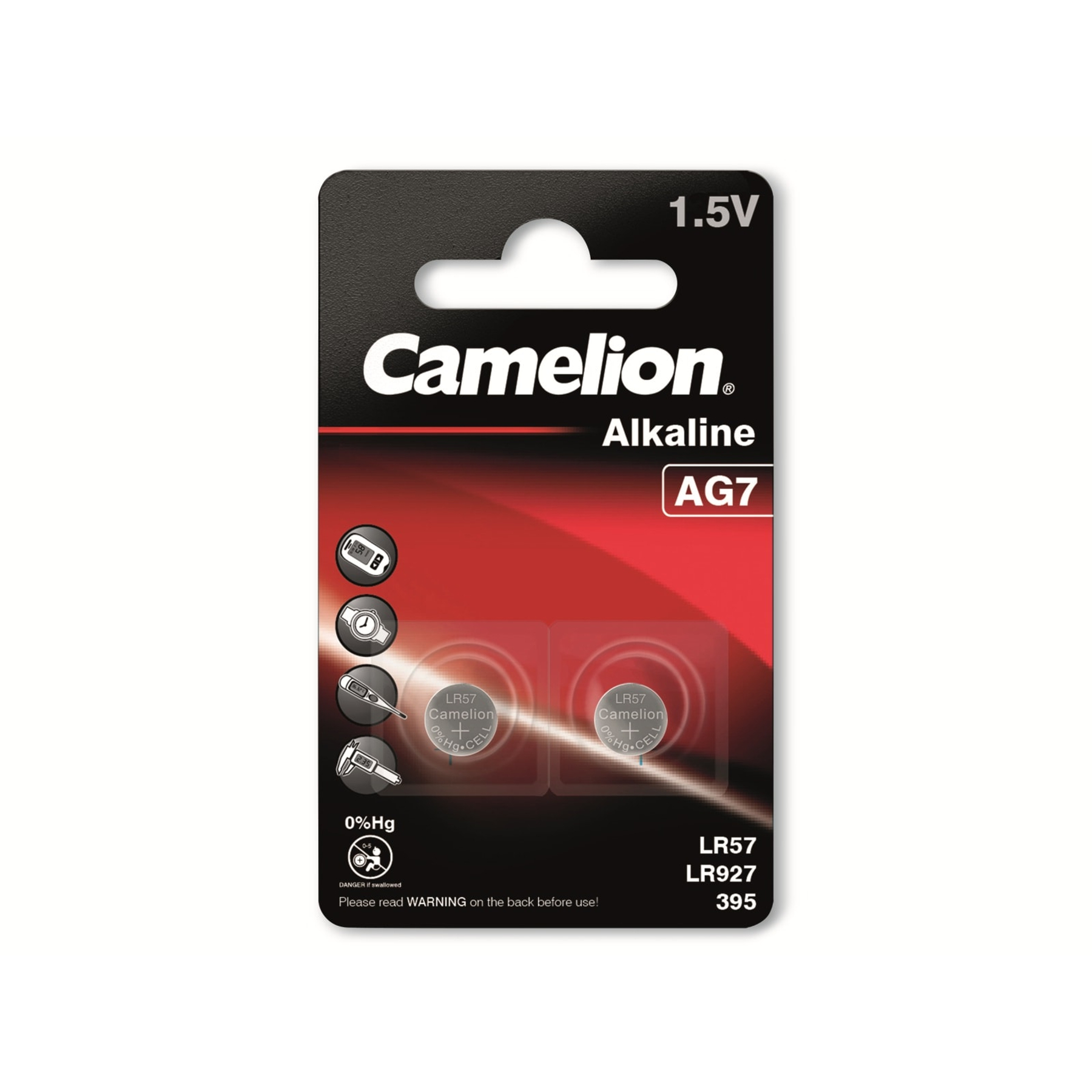 Eine schwarze und rote Camalion Alkaline AG7 Batteriepackung. Sie enthält zwei LR57 Batterien und mehrere Symbole.