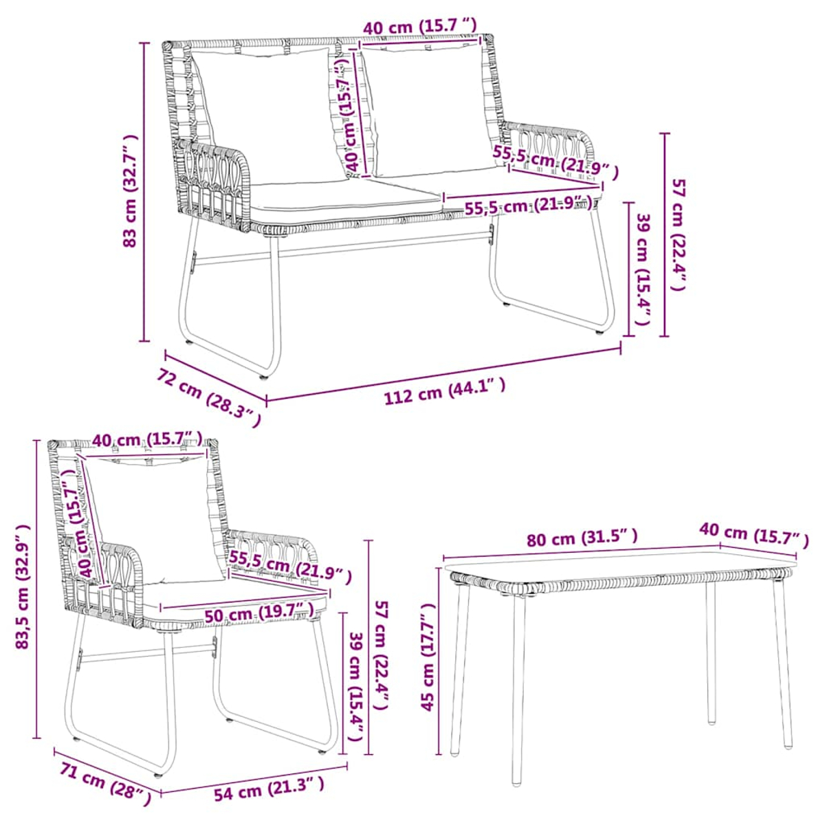 Diagramm eines Outdoor-Möbelsets mit Abmessungen: eine Bank, ein Stuhl und ein Tisch. Die Möbel bestehen aus gewebtem Material.