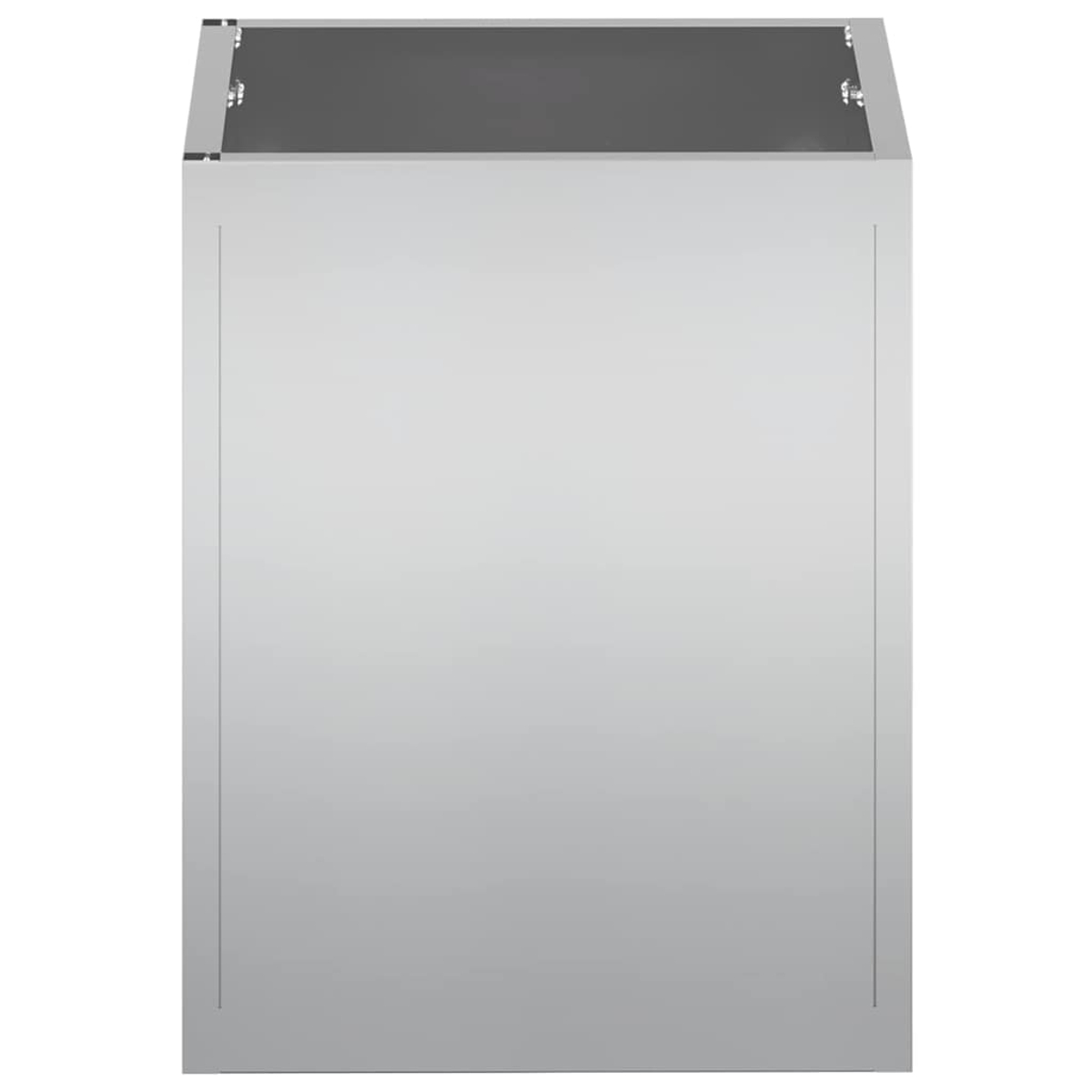 Ein rechteckiger Schrank in Metallic-Optik mit dunkelgrauer Oberseite und hellgrauen Seiten auf weißem Hintergrund.
