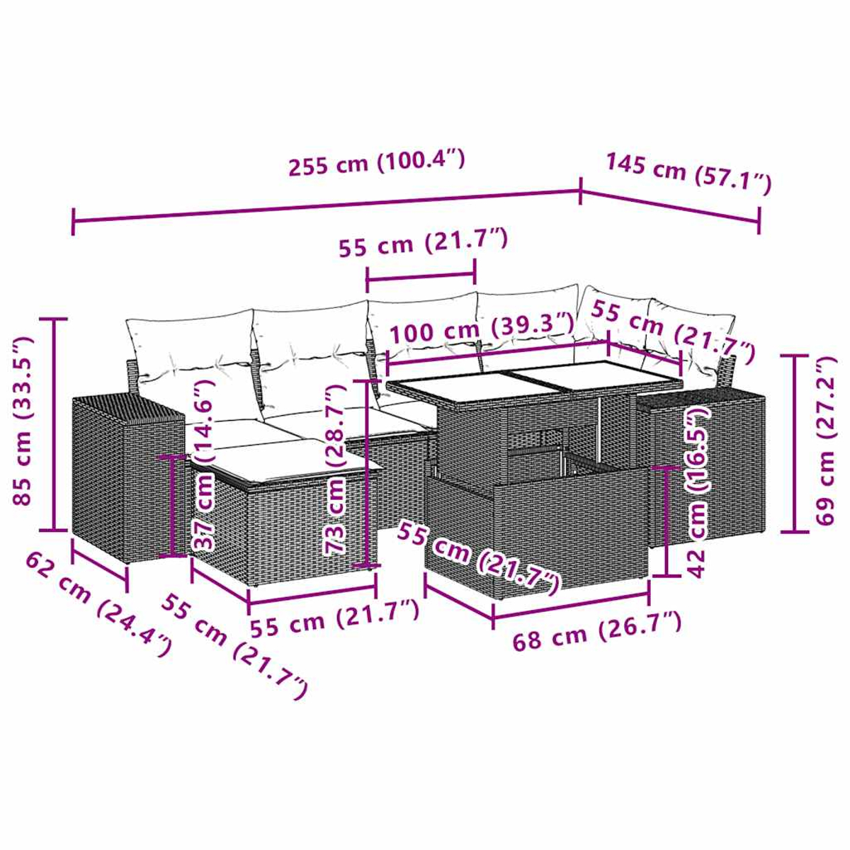 Juego de muebles de exterior con dimensiones etiquetadas. Incluye sofá, mesa y dos mesas auxiliares de material tejido.