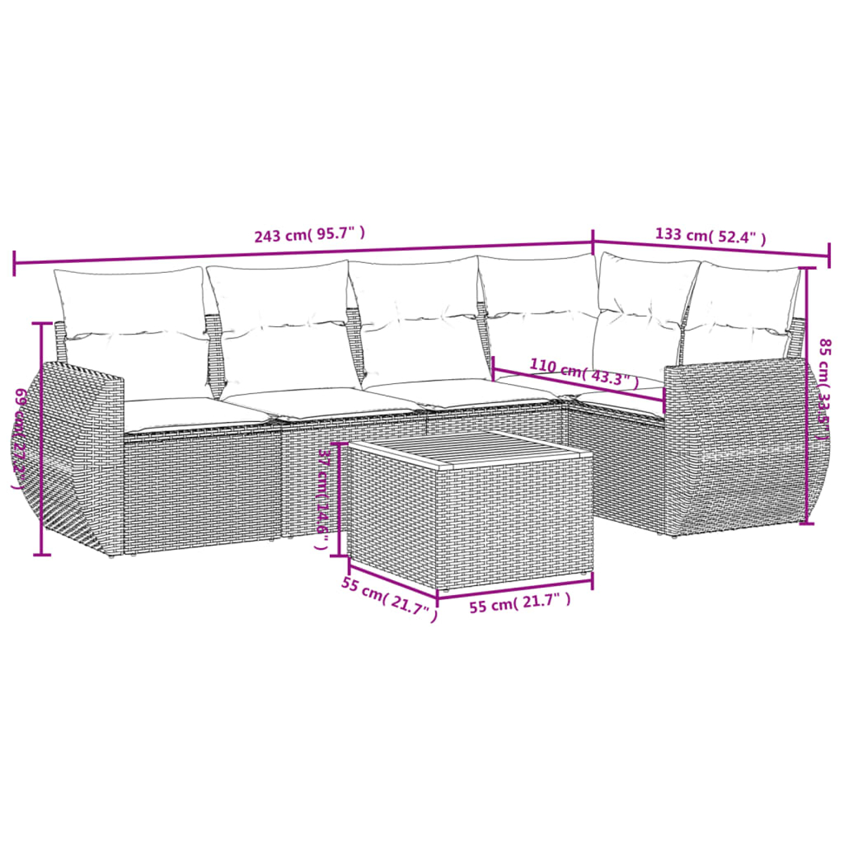 Ein gewebtes Outdoor-Ecksofa aus Rattan mit Kissen und einem quadratischen Couchtisch. Maße sind in Zentimetern angegeben.