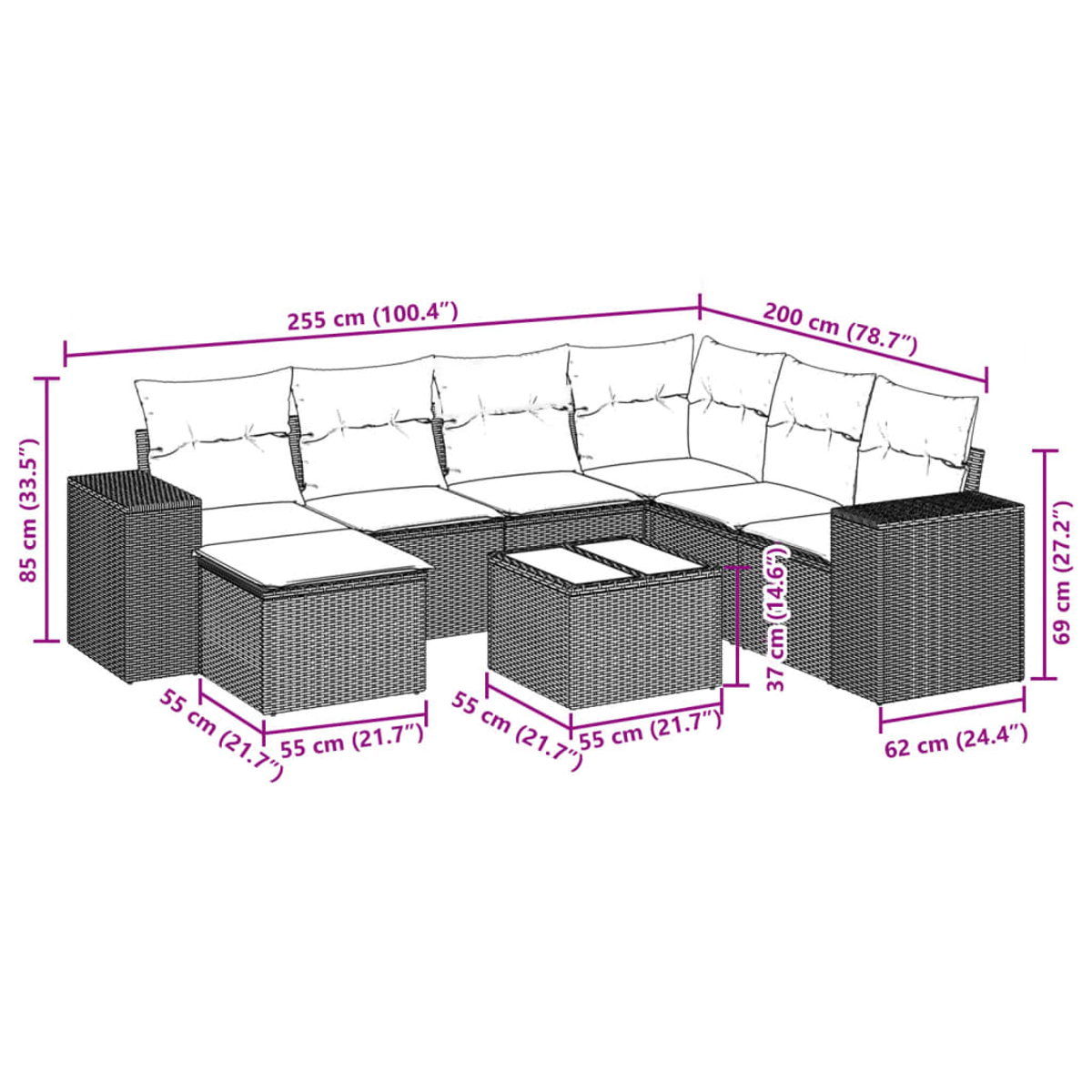 Outdoor-Ecksofa mit Maßen. Es hat Kissen, zwei Beistelltische und einen Couchtisch. Maße sind angegeben.