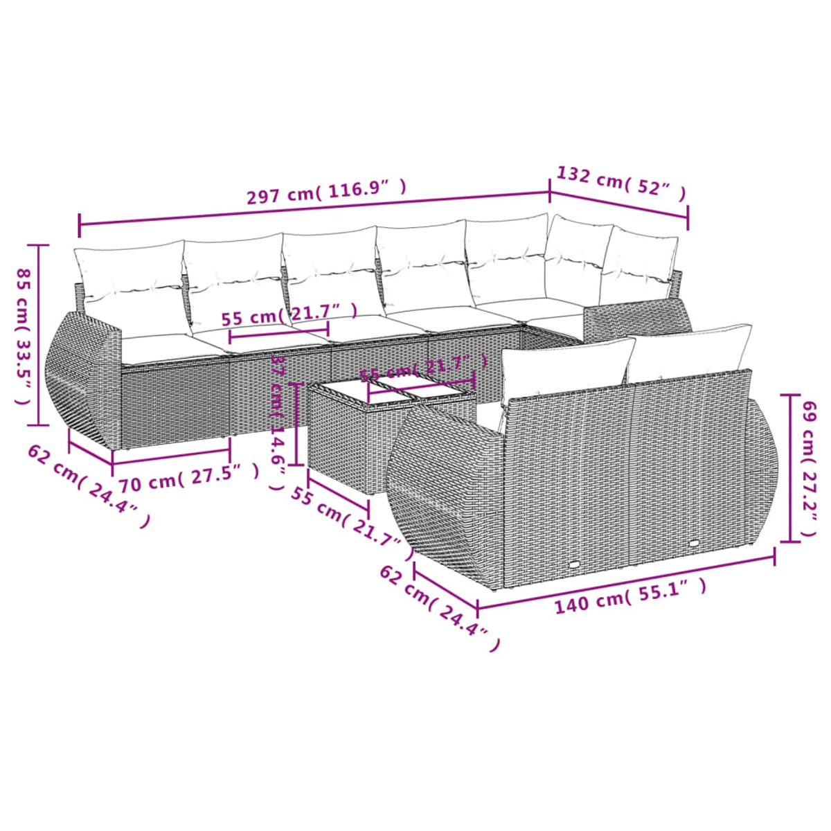 Ein Rattan-Outdoor-Sofaset mit Kissen und einem Couchtisch. Abmessungen sind in cm und Zoll angegeben.