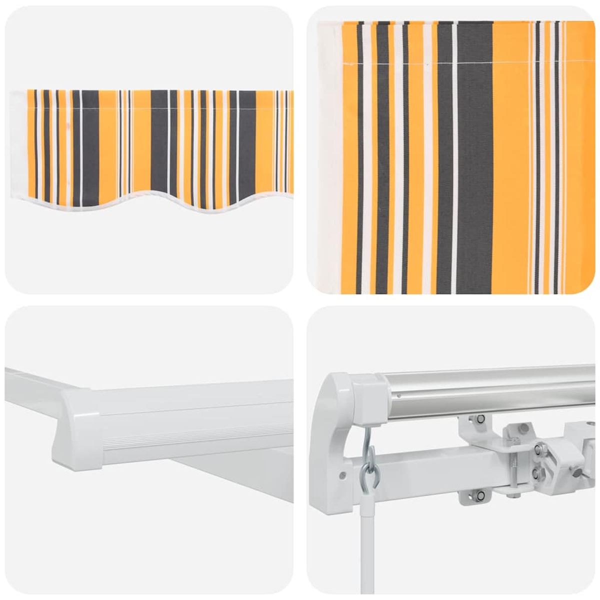 Primer plano de partes de toldo. Tela a rayas con amarillo, gris y blanco. Marco y mecanismo metálicos blancos.