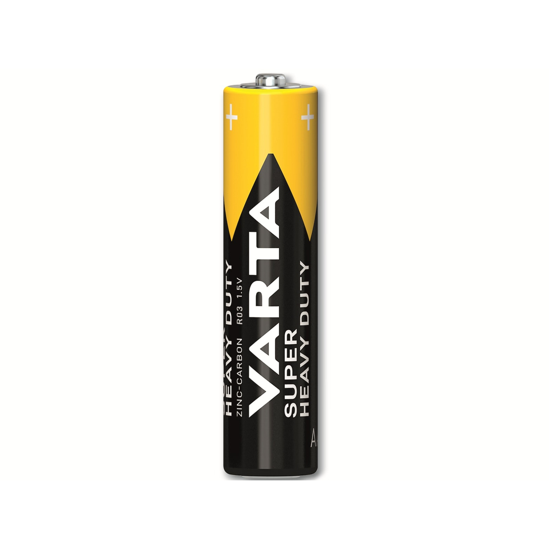 Eine VARTA Super Heavy Duty R03 1,5V Batterie steht auf weißem Hintergrund. Sie ist gelb und schwarz mit weißem Text.