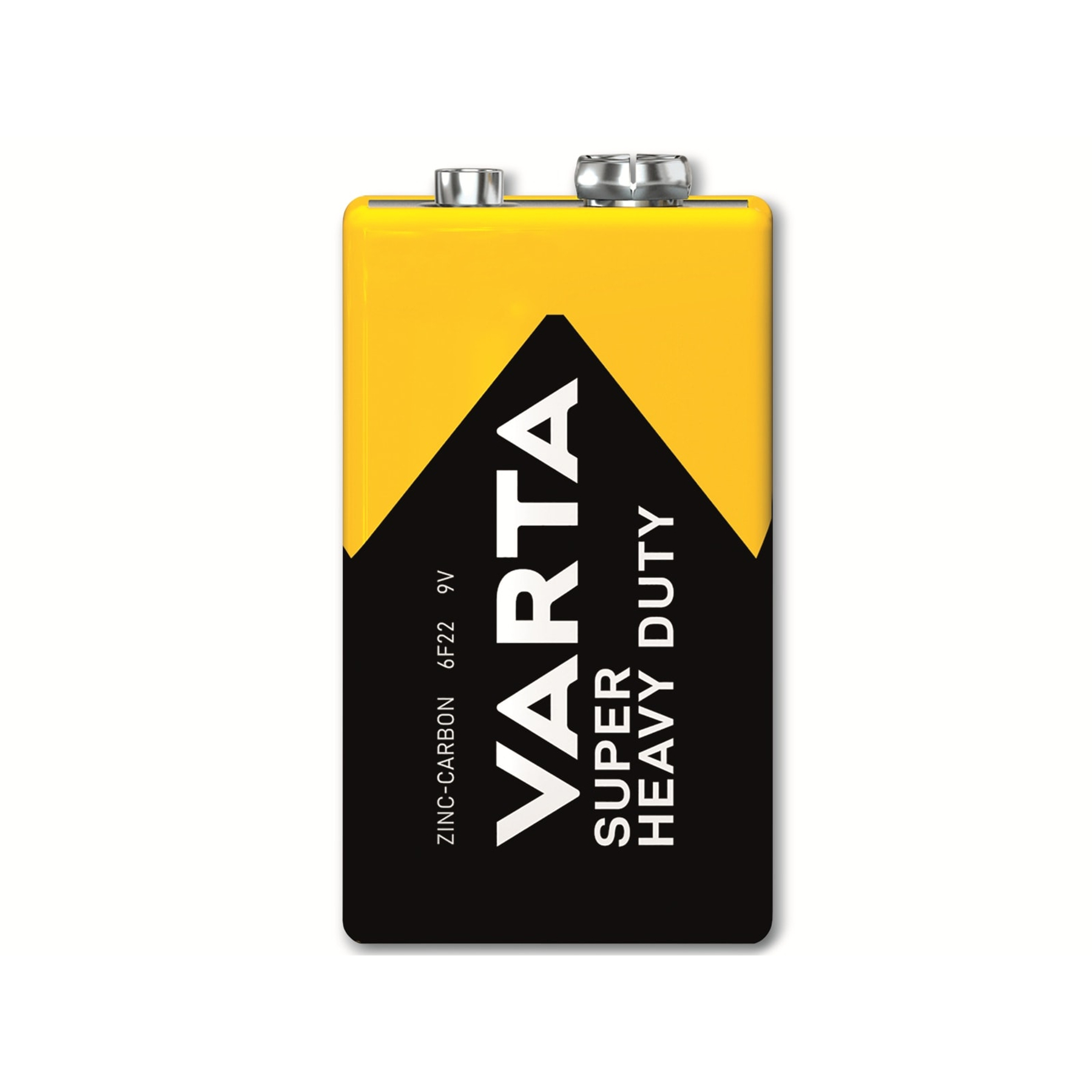 Een Varta 9V-batterij met een geel en zwart ontwerp. De batterij heeft twee metalen aansluitingen en de tekst 'VARTA SUPER HEAVY DUTY'.