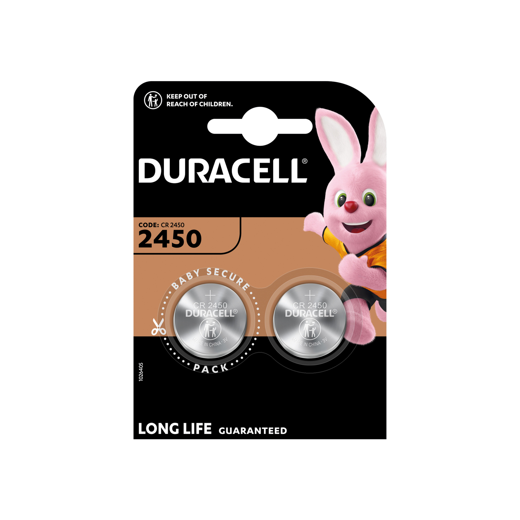 Opakowanie baterii Duracell z różową maskotką królika. Opakowanie zawiera dwie baterie z logo i tekstem Duracell.