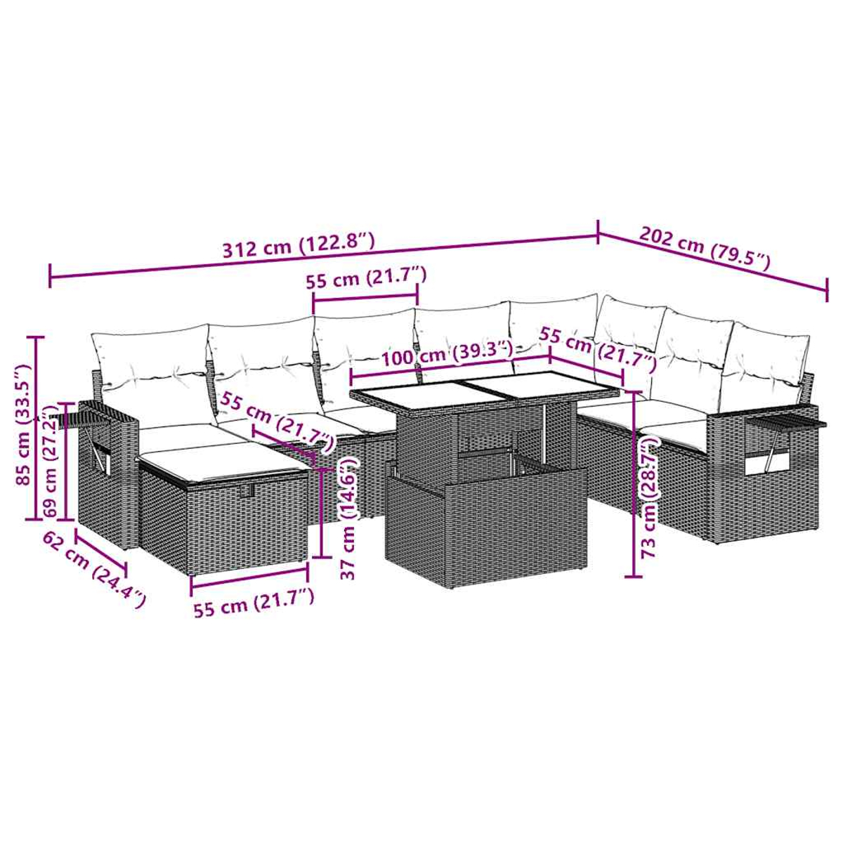 Outdoor-Geflechtmöbel-Set. Enthält ein Sofa, zwei Stühle und einen Tisch. Abmessungen sind beschriftet. Beige Kissen.