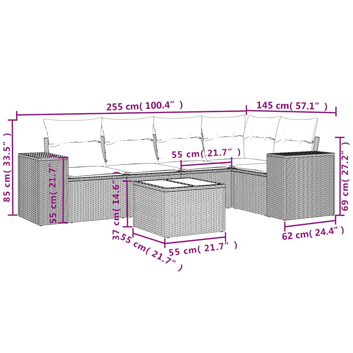 Ein Rattan-Außensofa mit Maßangaben. Es enthält einen Couchtisch und Kissen.