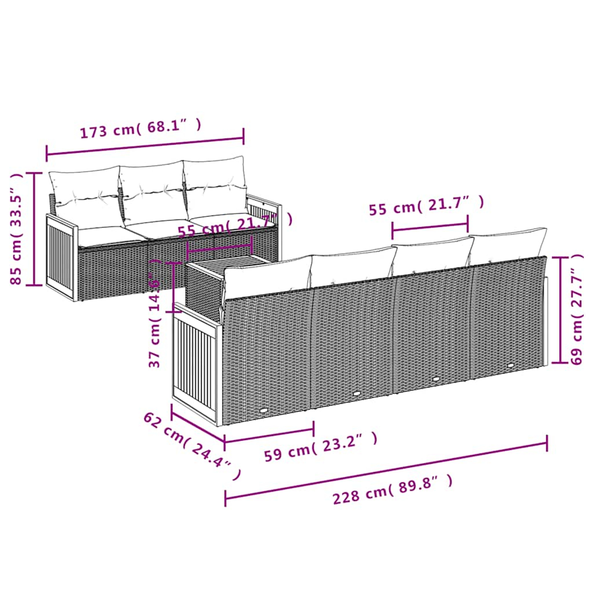 Diagramm eines Outdoor-Wicker-Möbelsets mit Abmessungen in cm und Zoll. Enthält ein Zweisitzer-Sofa und ein längeres Viersitzer-Sofa.