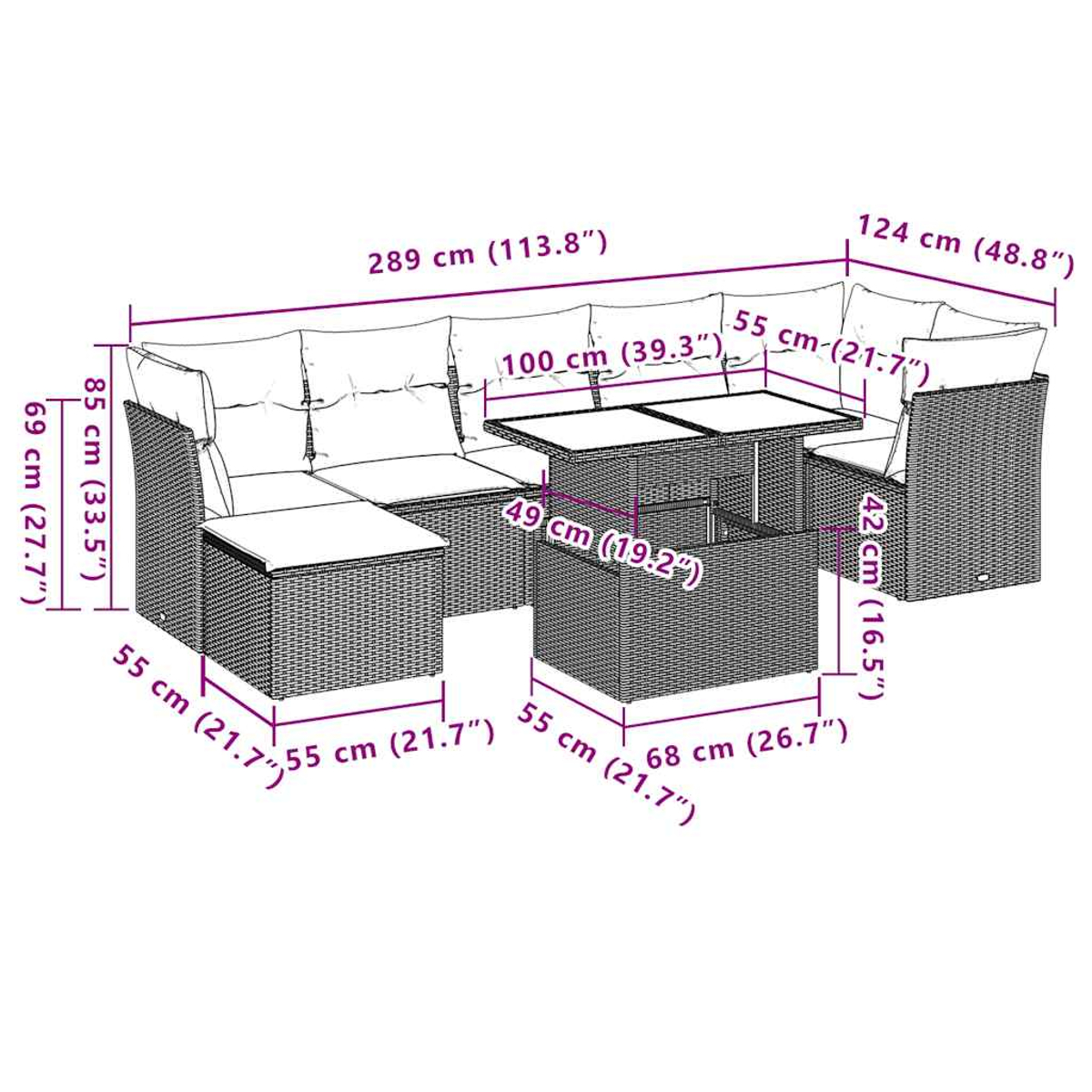 Gartenmöbelset mit Maßen in cm und Zoll. Beinhaltet Sofa, Tisch und Stuhl, alles in Korboptik.