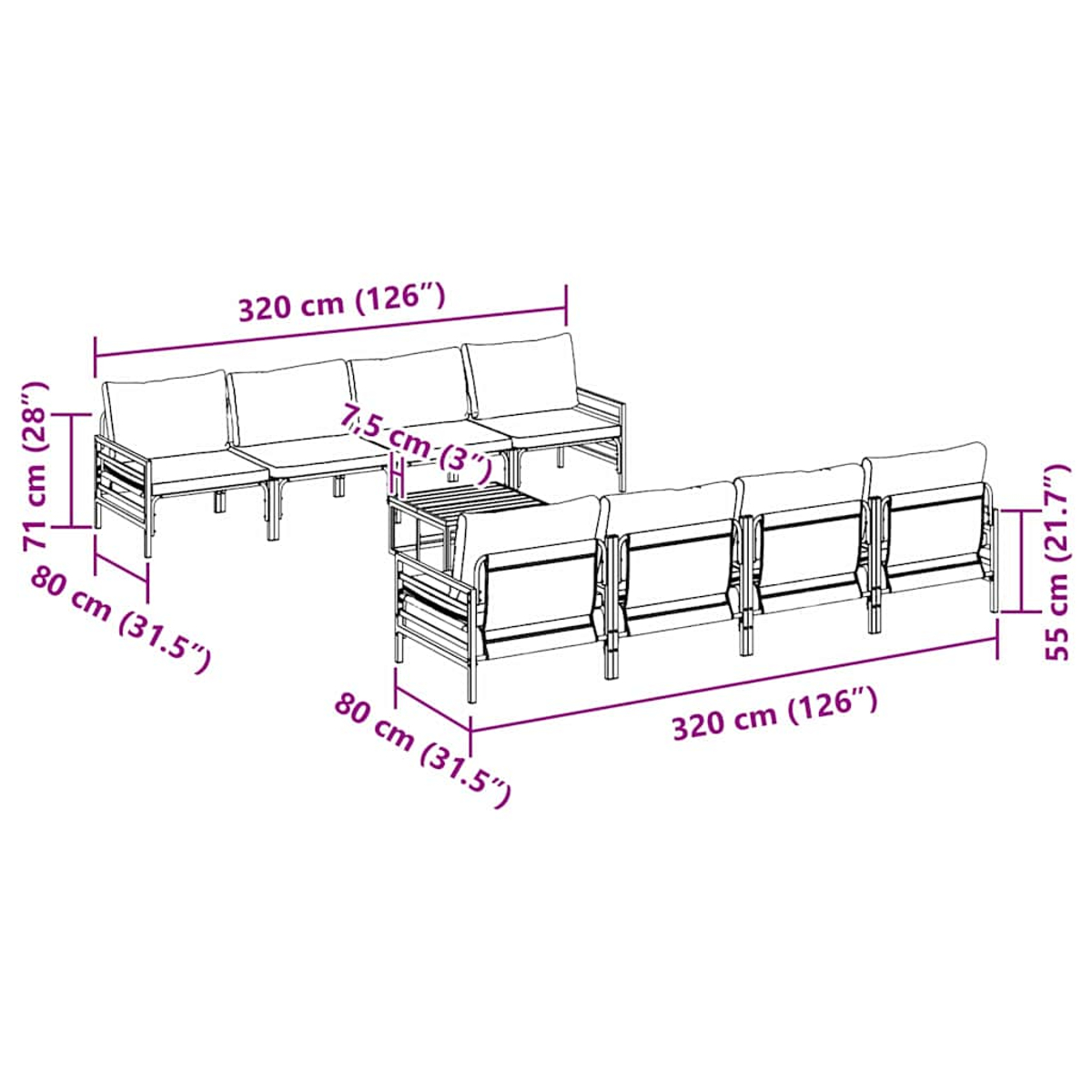 Diagramm eines Gartenmöbelsets, einschließlich zwei Sofas und einem Tisch. Abmessungen sind in cm und Zoll angegeben.