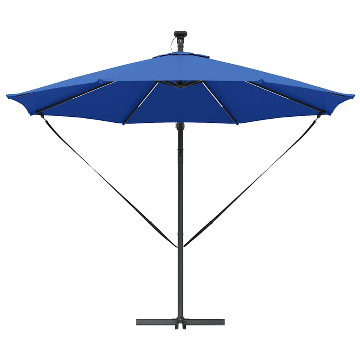 Un ombrellone blu con struttura nera. È aperto, con cinghie di supporto. Lo sfondo è bianco.