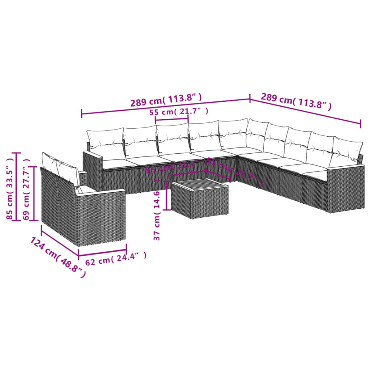 Outdoor-Ecksofa-Set mit Maßangaben. Enthält ein Ecksofa, einen Einzelstuhl und einen kleinen quadratischen Tisch.