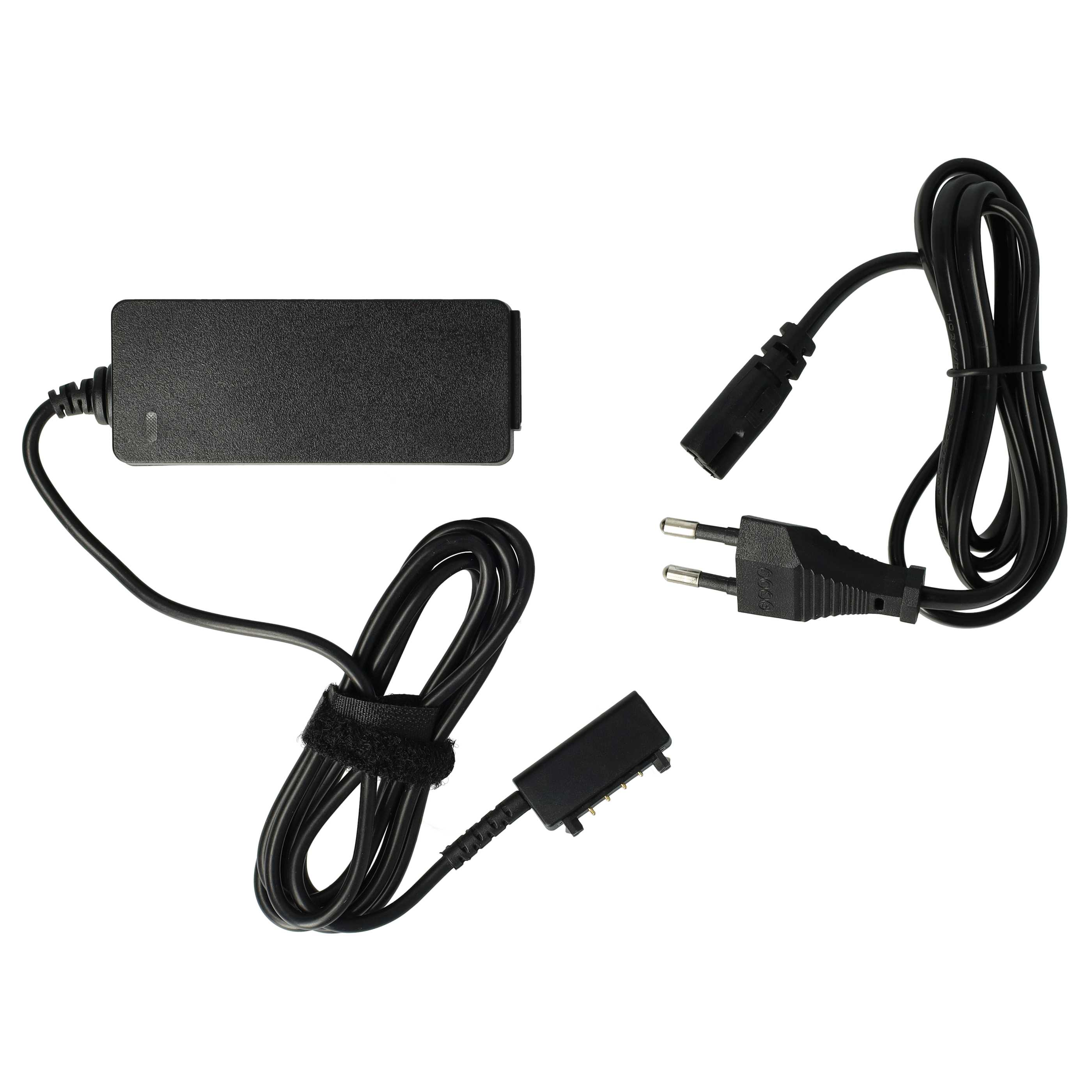 Schwarzes Laptop-Netzteil und Kabel auf weißem Hintergrund. Enthält Stecker, Adapter und Anschluss.