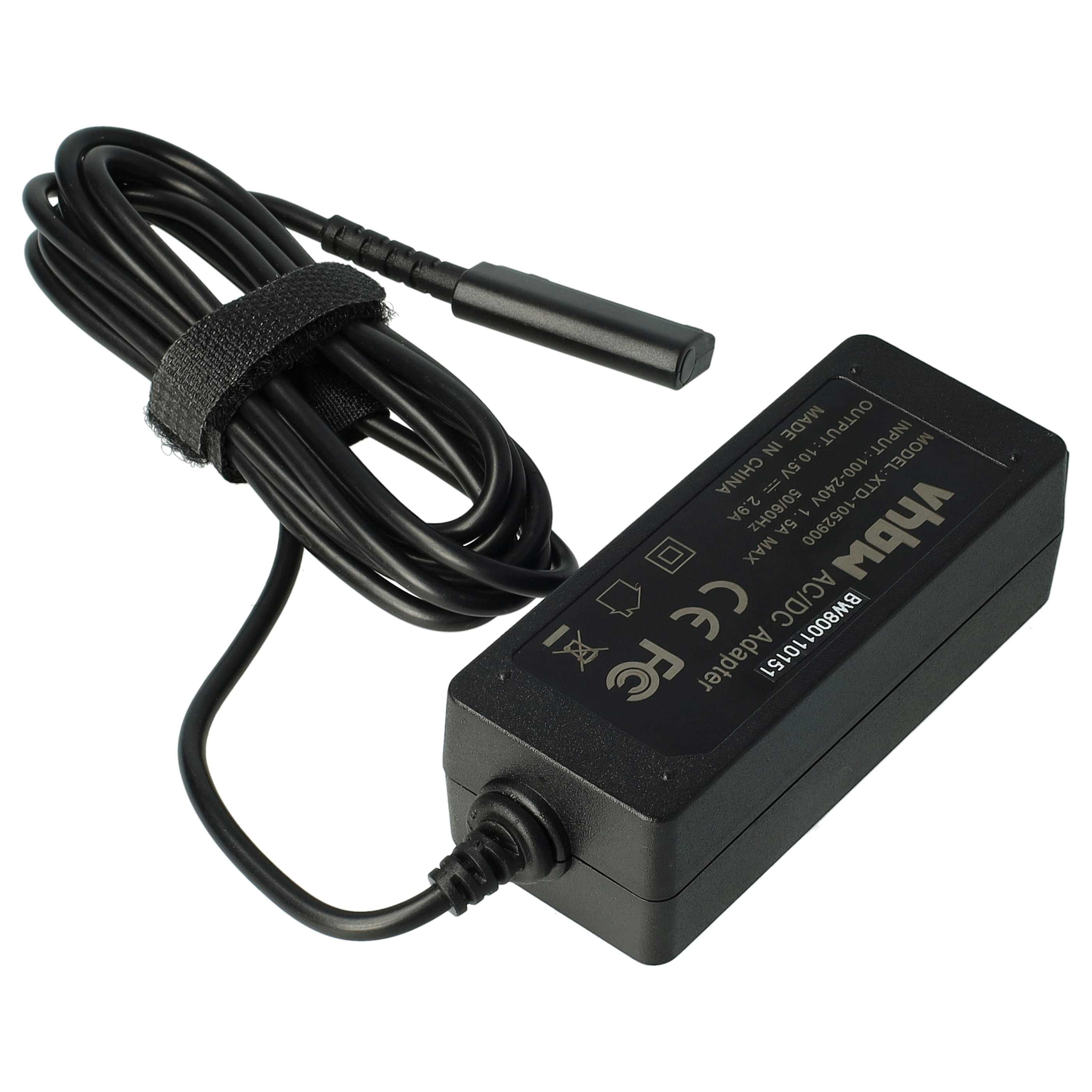 Schwarzes AC/DC-Netzteil mit schwarzem Kabel und Klettverschluss. Der Adapter hat Text.