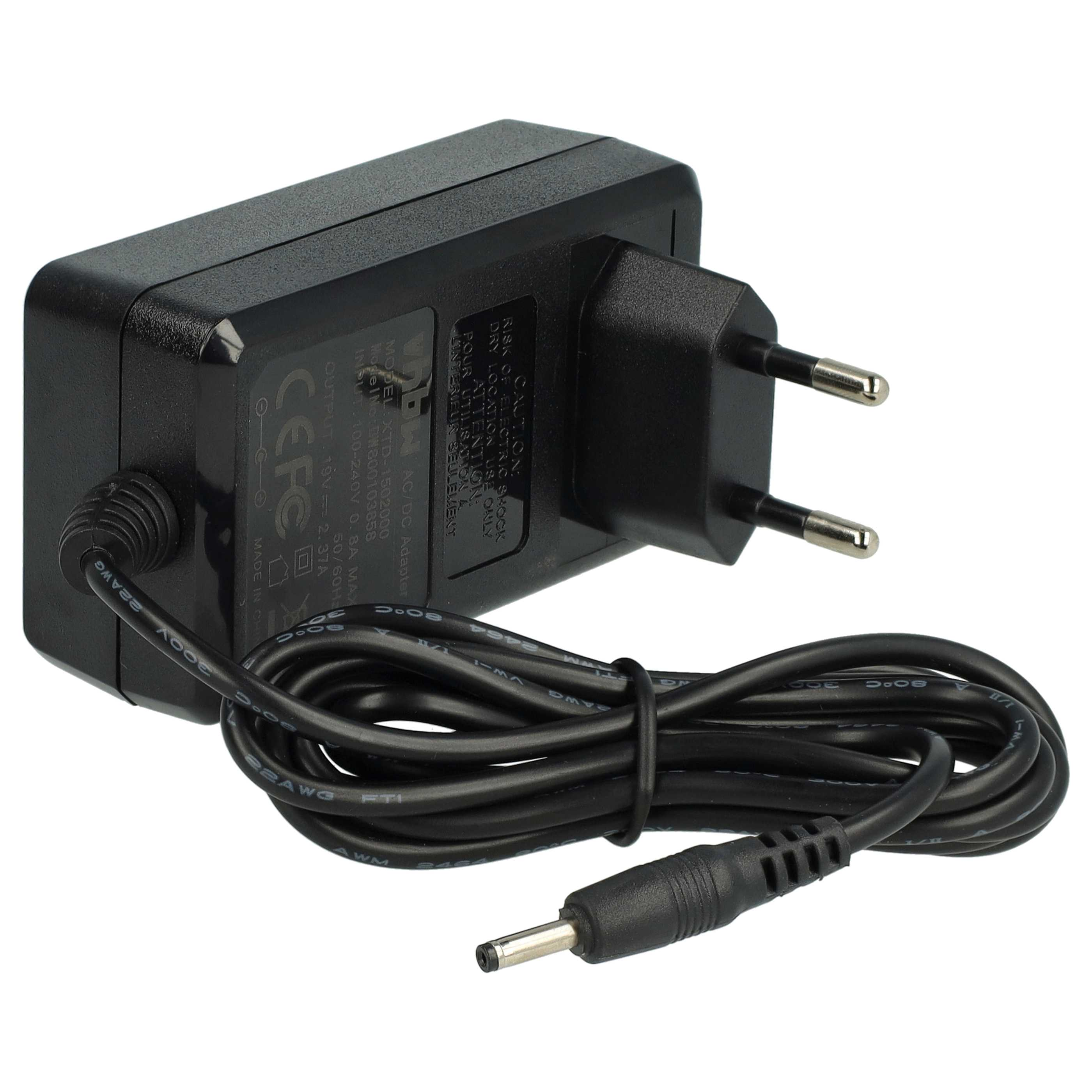 Schwarzer AC-Adapter mit Stecker und Kabel. Der Stecker befindet sich rechts, das Kabel windet sich nach unten.