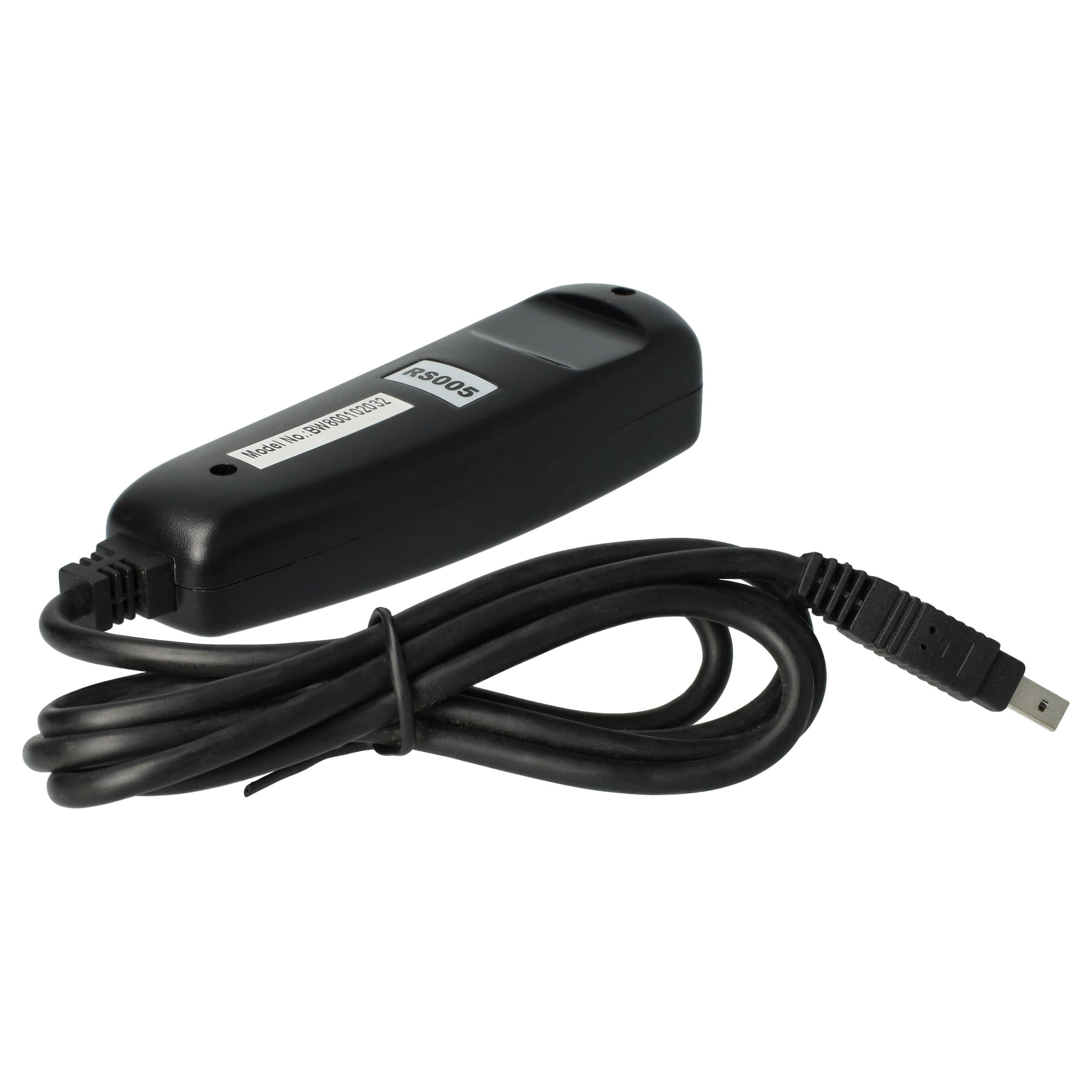 Eine schwarze Kamerafernbedienung mit Kabel. Das Kabel ist geschlungen und hat einen USB-Anschluss. Weißer Hintergrund.