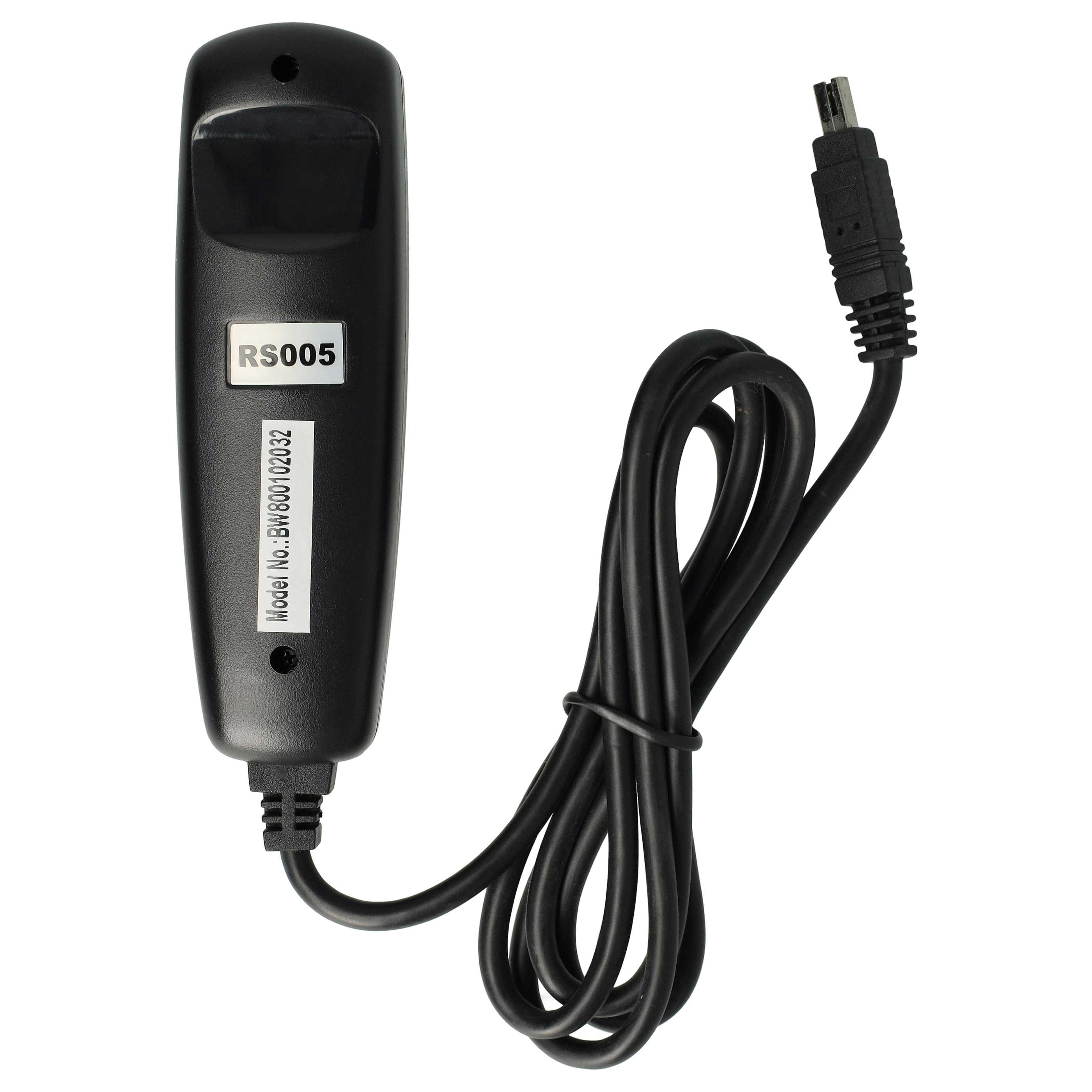 Eine schwarze Fernbedienung mit Kabel, RS005-Etikett und Modellnummer BW800102032, vor weißem Hintergrund.