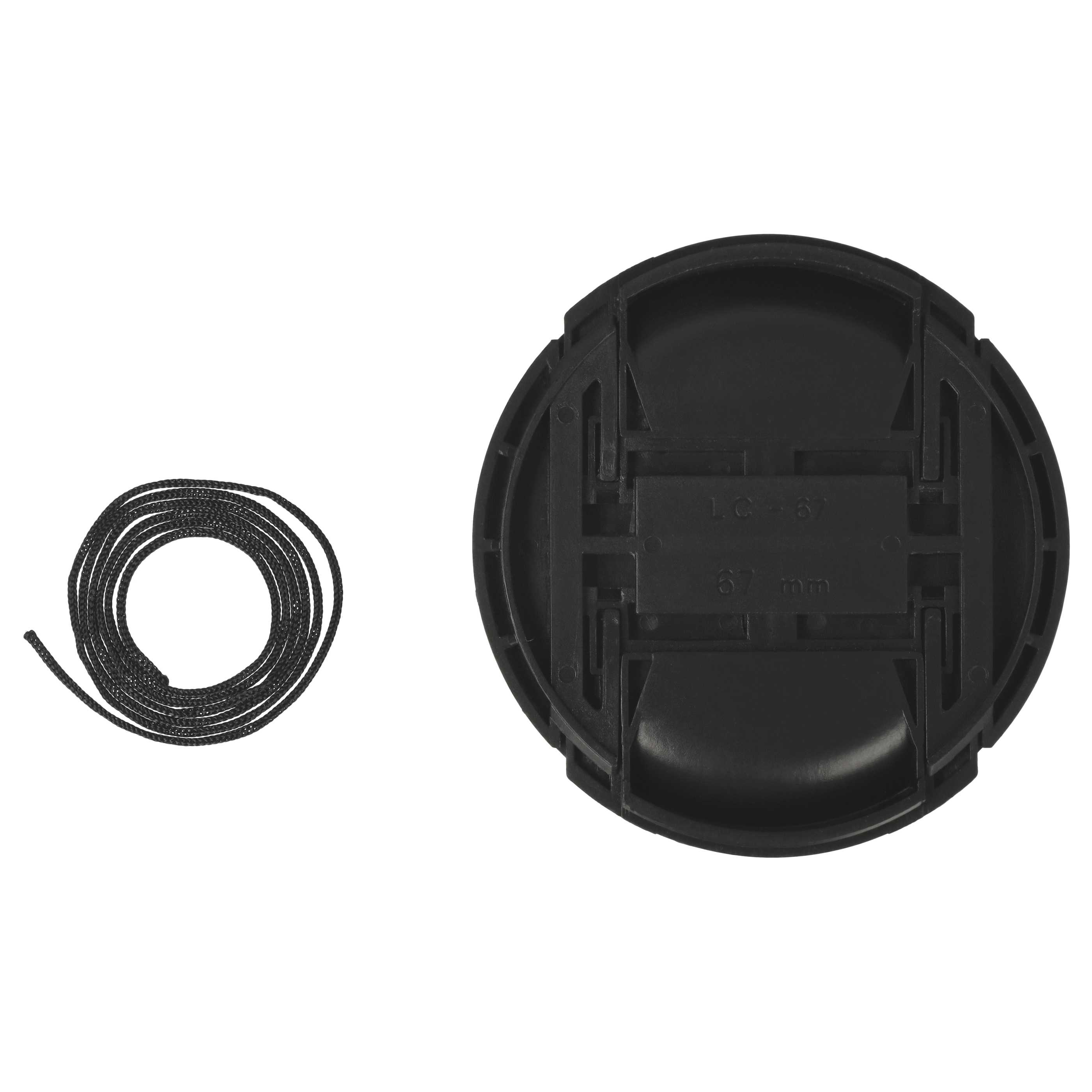 Eine schwarze Objektivkappe mit Riemen und Kordel. Die Kappe ist rund mit Innenelementen und die Kordel ist aufgerollt.