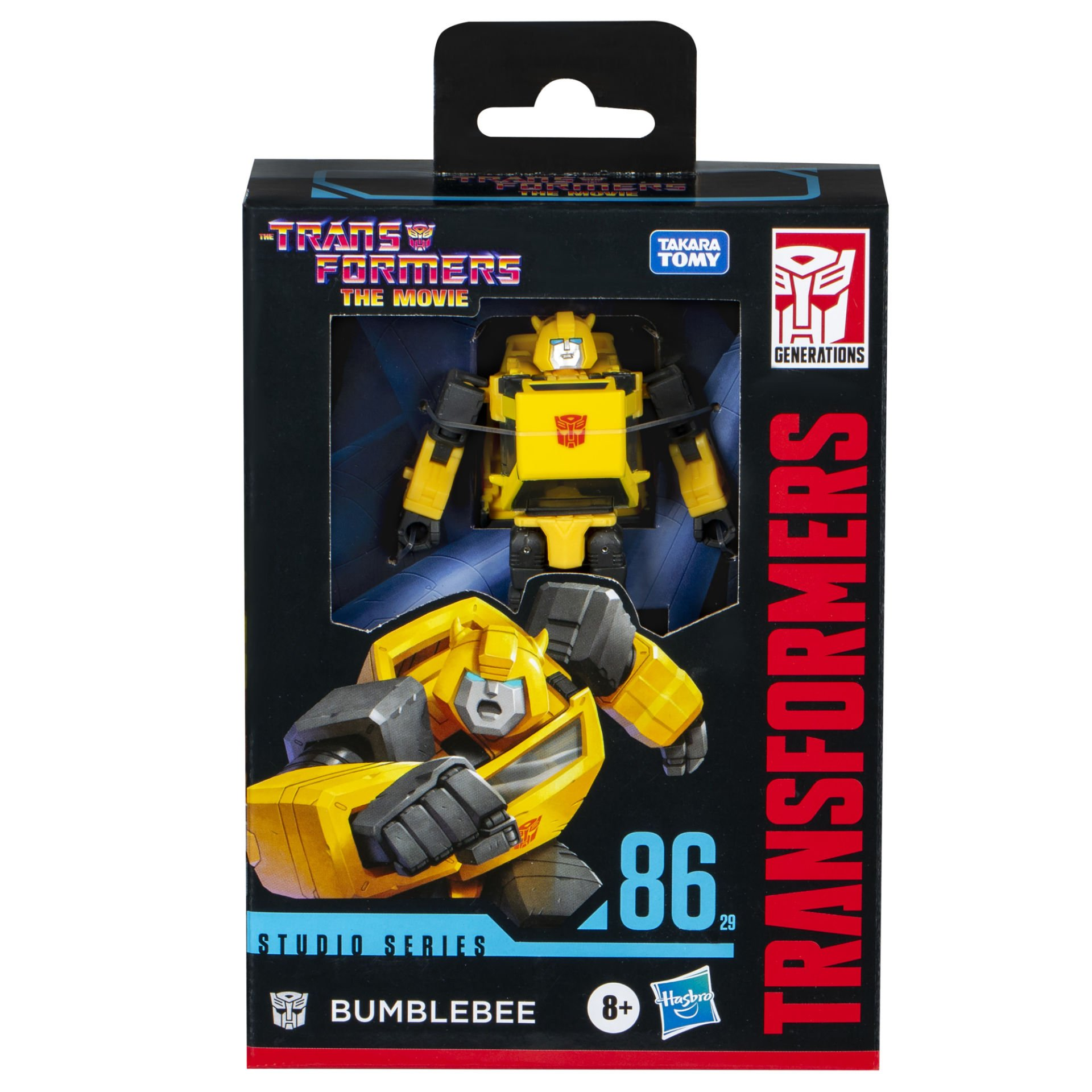 Zapakowana zabawka Transformers Bumblebee. Figurka jest żółto-czarna. Pudełko przedstawia zabawkę i obraz Bumblebee w robocie.