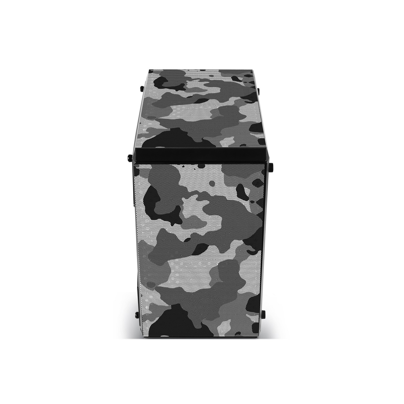 Obudowa komputera z szarym wzorem kamuflażu jest wyśrodkowana na białym tle. Obudowa jest prostokątna.