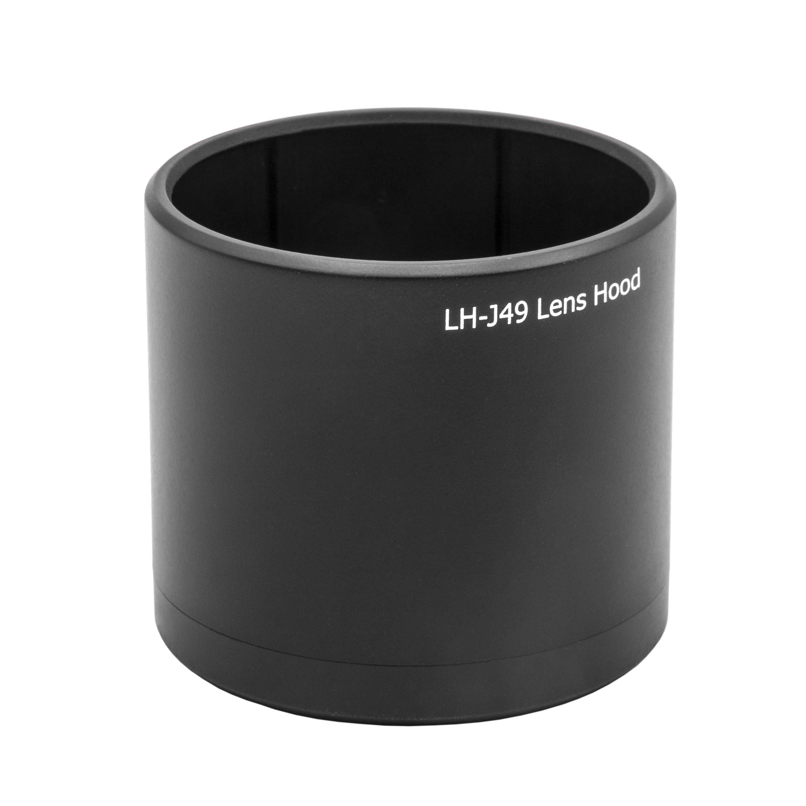 Eine schwarze LH-J49-Objektivsonnenblende auf weißem Hintergrund. Die Wörter LH-J49 Lens Hood sind aufgedruckt.