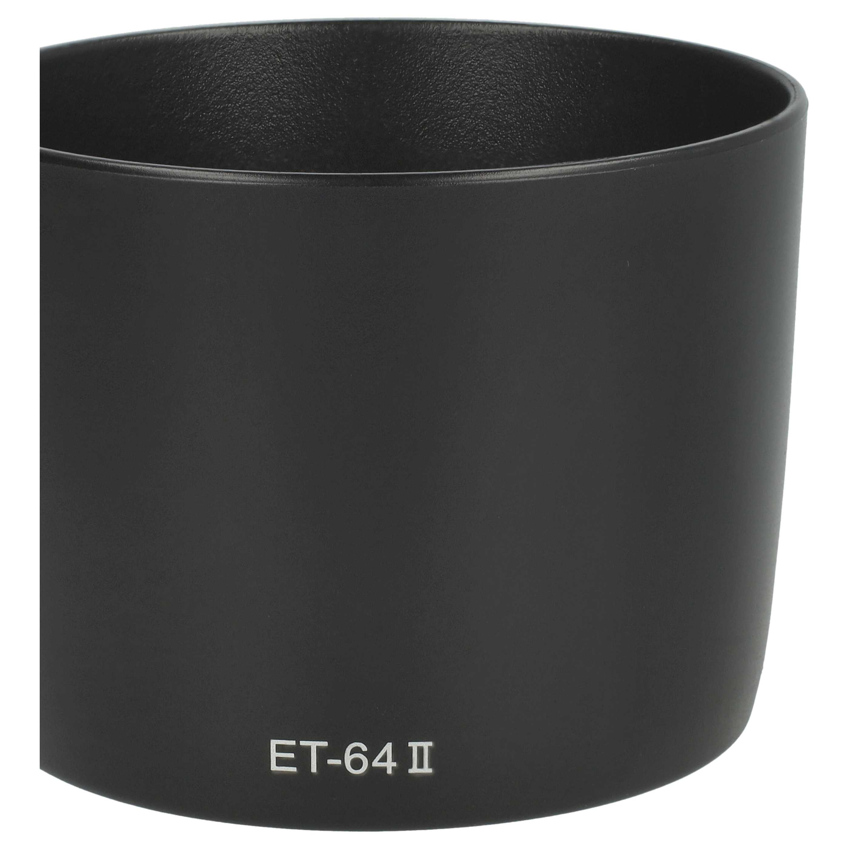 Eine schwarze Objektivsonnenblende mit dem Text 'ET-64 II' in Silber. Die Haube ist zylindrisch und hat ein mattes Finish.