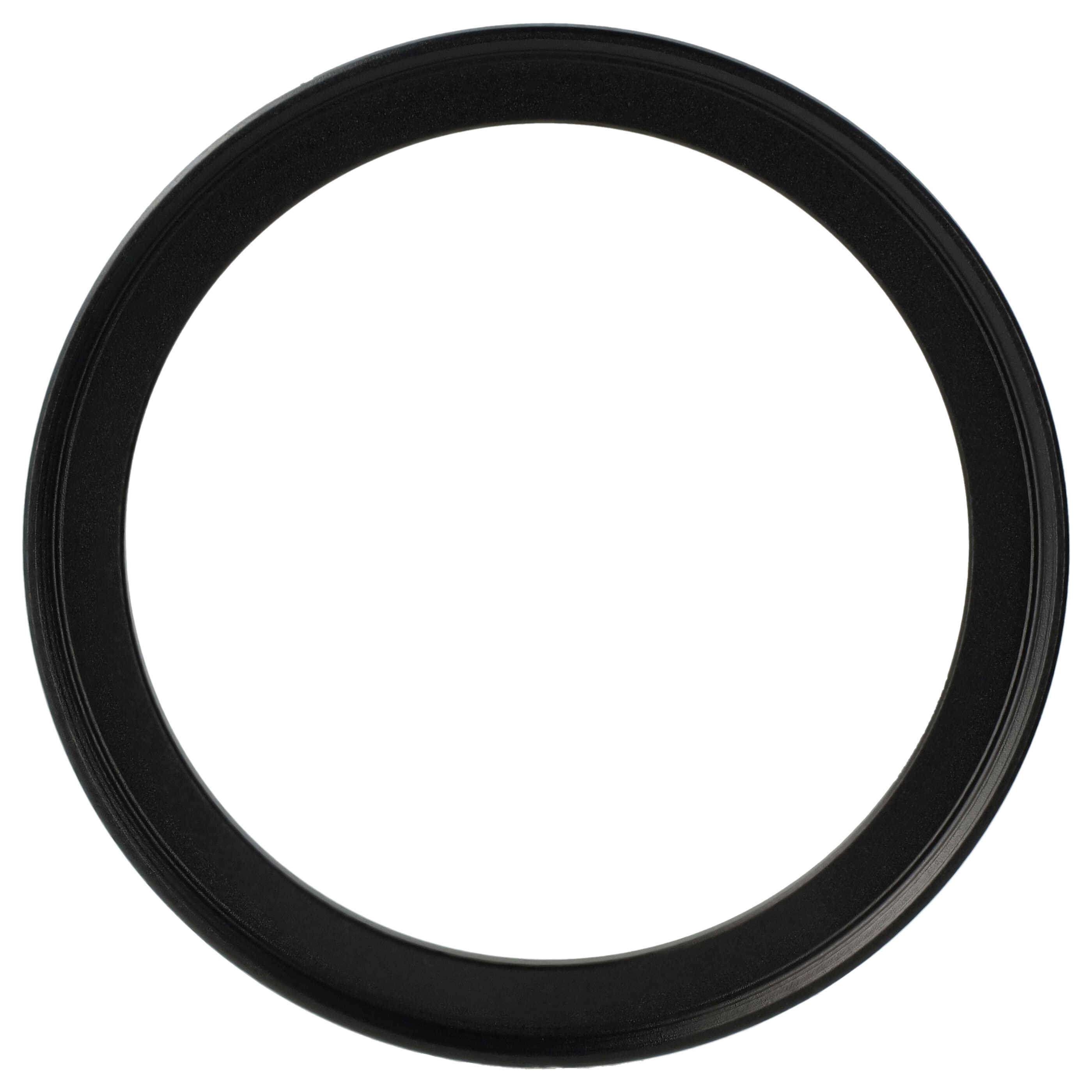 Ein schwarzes kreisförmiges Objekt vor weißem Hintergrund, vermutlich eine Linse oder ein Teil einer Kamera.
