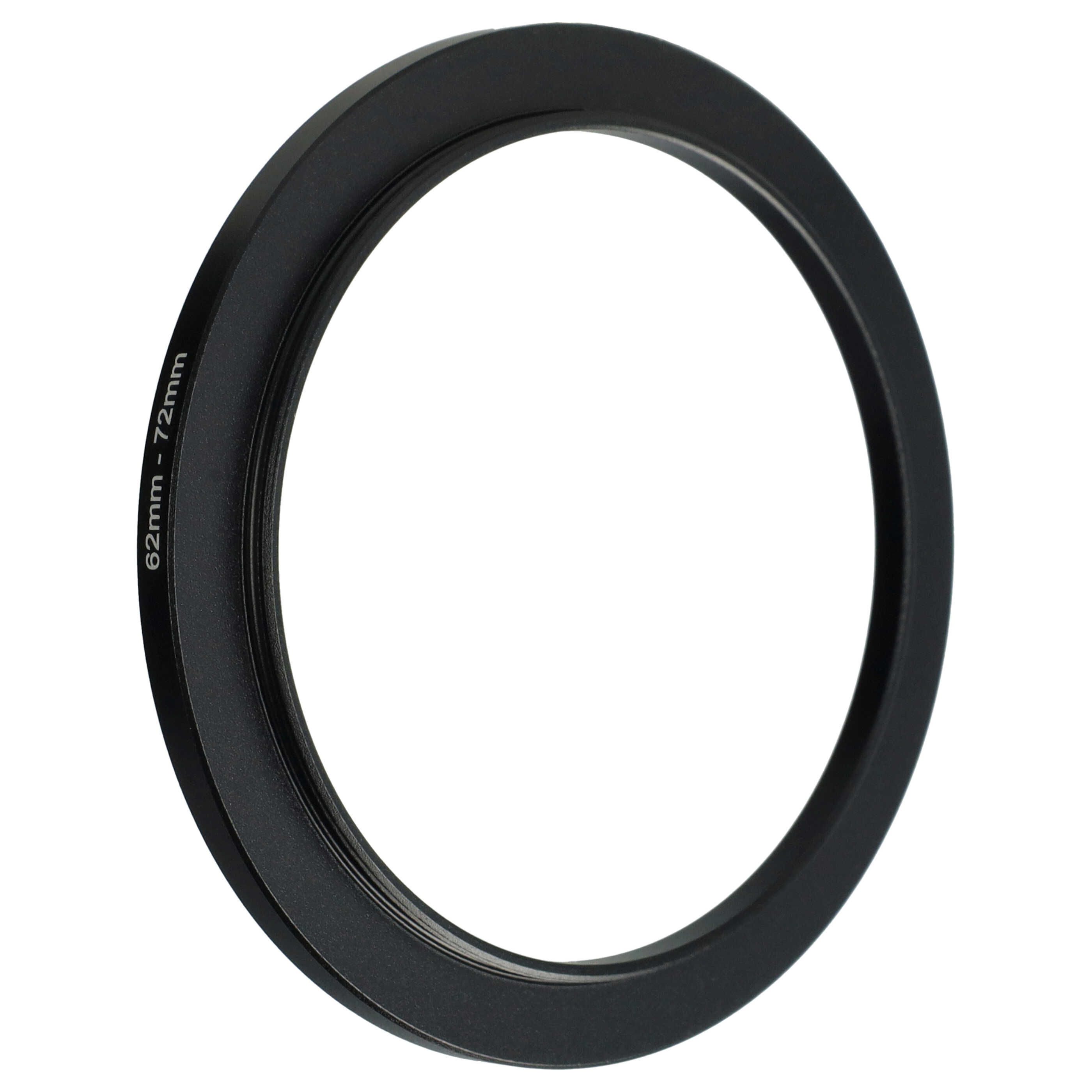 Ein schwarzer Objektivadapterring mit der Aufschrift 62mm-72mm vor weißem Hintergrund. Der Ring ist kreisförmig und in der Mitte leer.