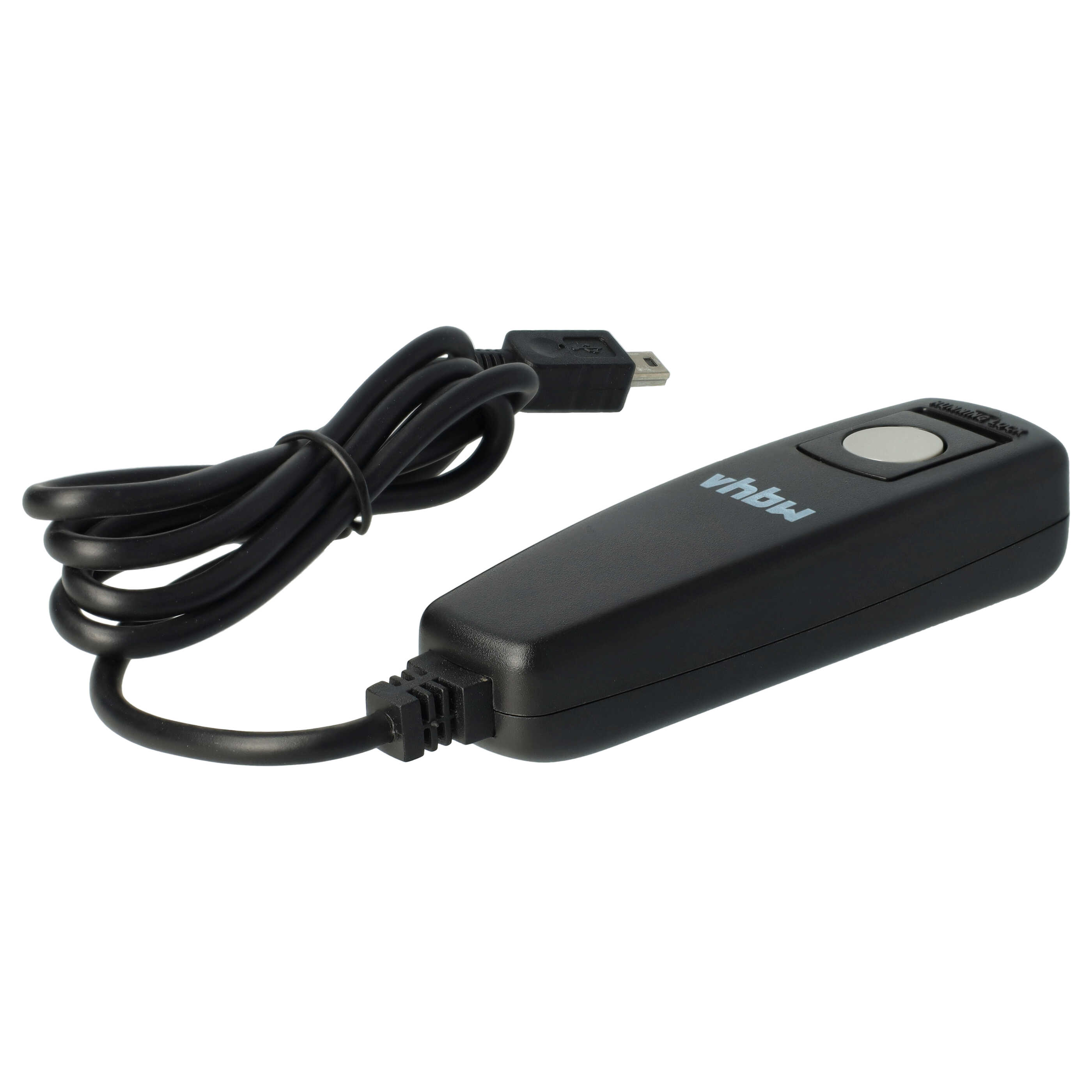 Ein schwarzer Kameraauslöser mit Knopf, verbunden mit einem schwarzen Kabel und einem USB-Anschluss, isoliert auf weißem Hintergrund.