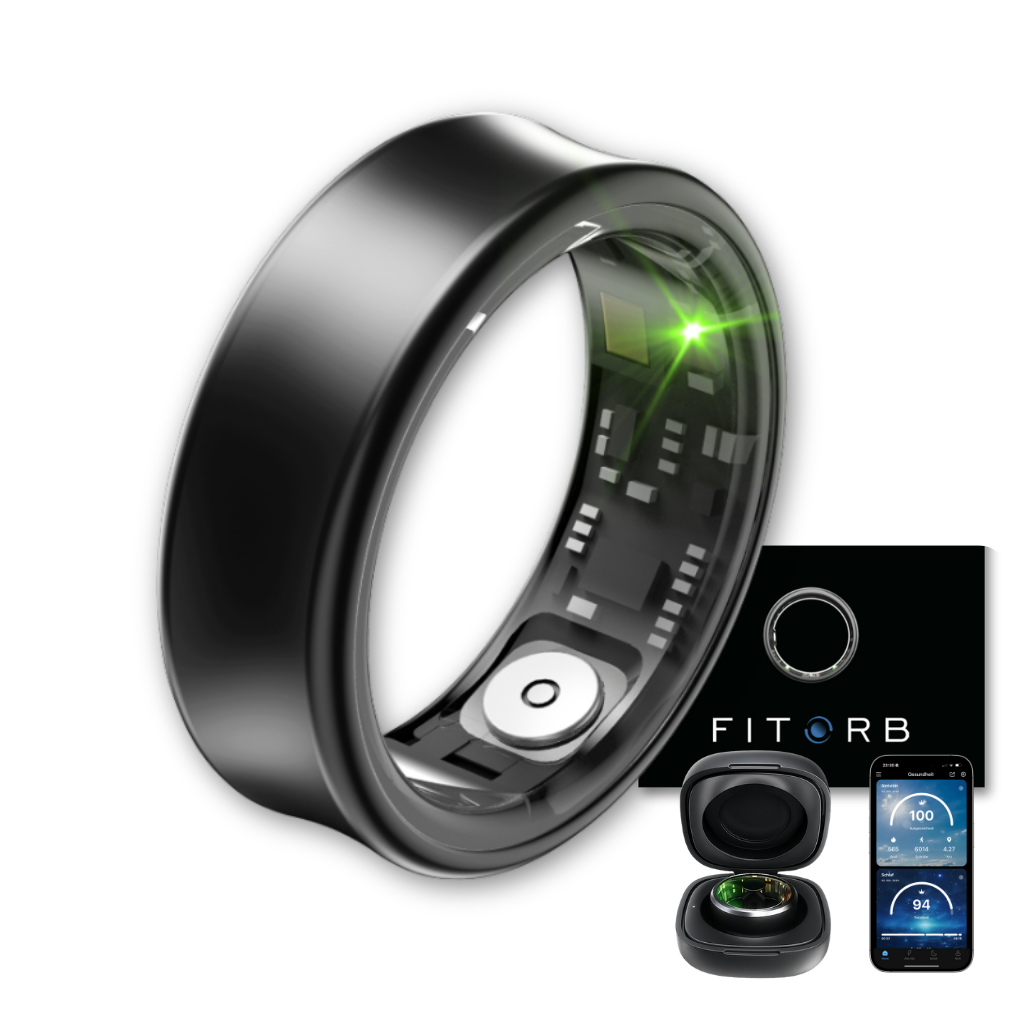 Schwarzer intelligenter Ring mit grünem Licht, Ladegerät und Telefon, das Gesundheitsdaten anzeigt. Die Marke ist FitrB.
