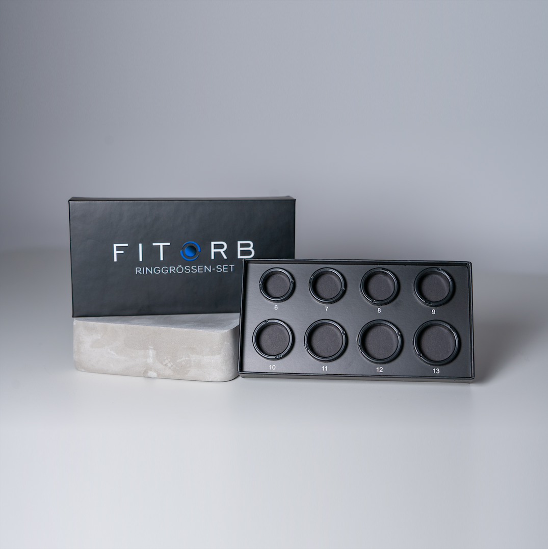 Eine schwarze Box mit FITORB und Ringgrößen-Set-Text. Daneben ein Tablett mit Ringen. Zahlen stehen auf dem Tablett. Weißer Hintergrund.