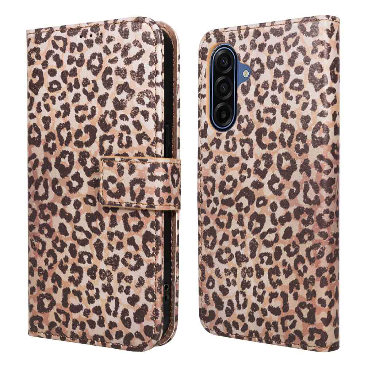 Een telefoonhoesje met luipaardprint in twee delen. Het linkerdeel vouwt over en heeft een magnetische sluiting. Het rechterdeel houdt de telefoon vast.
