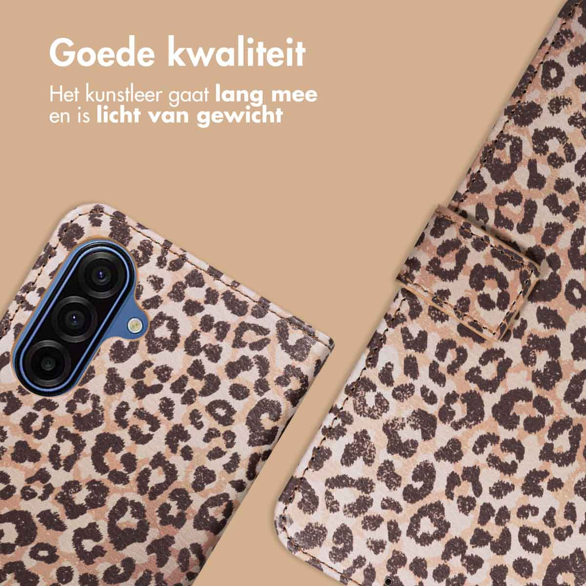 Telefoonhoesje met luipaardprint. Open en dicht. Nederlandse tekst: 'Goede kwaliteit' en andere details.