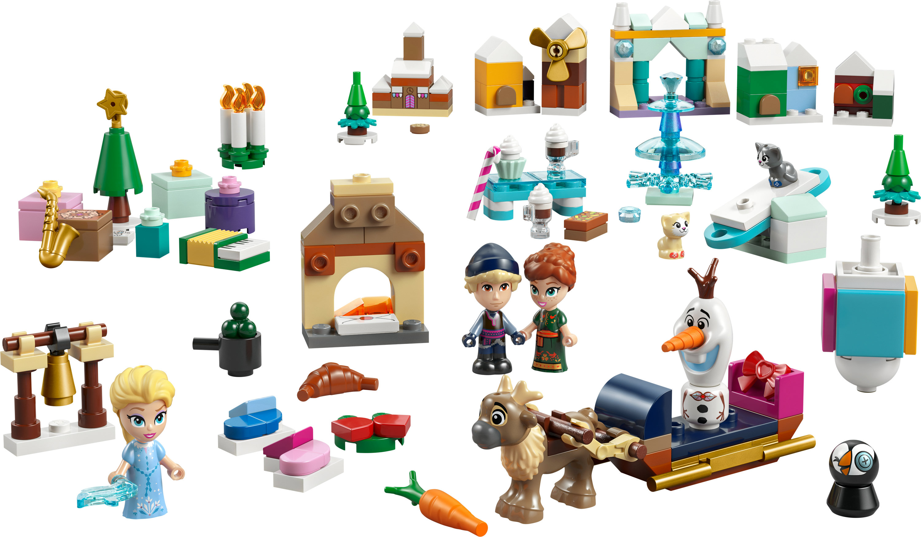 Ein Lego-Set mit verschiedenen kleinen Strukturen, Figuren und Zubehör. Enthält Charaktere wie Elsa, Olaf und Anna, ein Rentier und einen Schlitten.