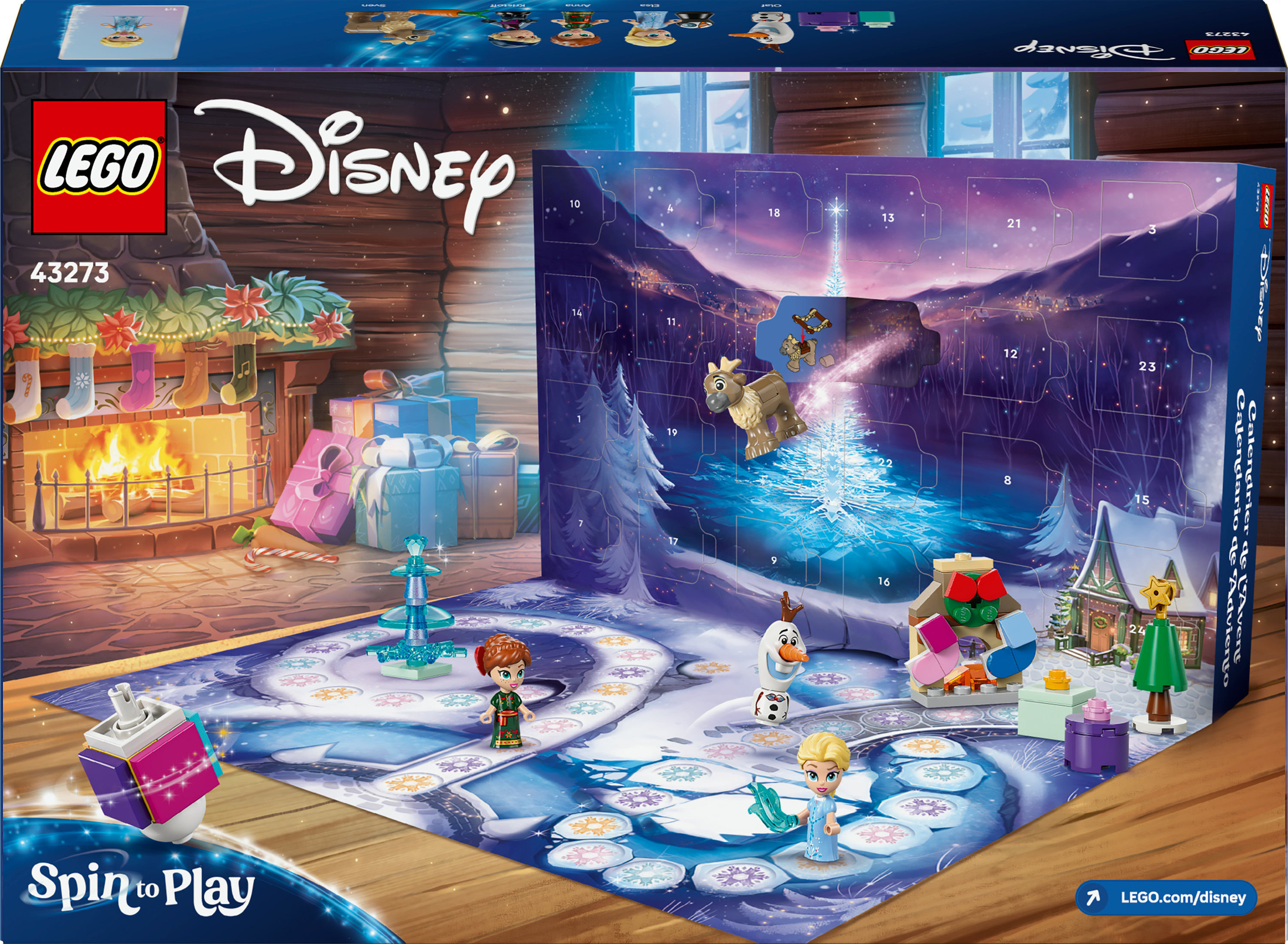 LEGO Disney Adventskalender. Enthält ein Spielbrett mit Frozen-Charakteren, einen Kamin, Geschenke und einen Kreisel.
