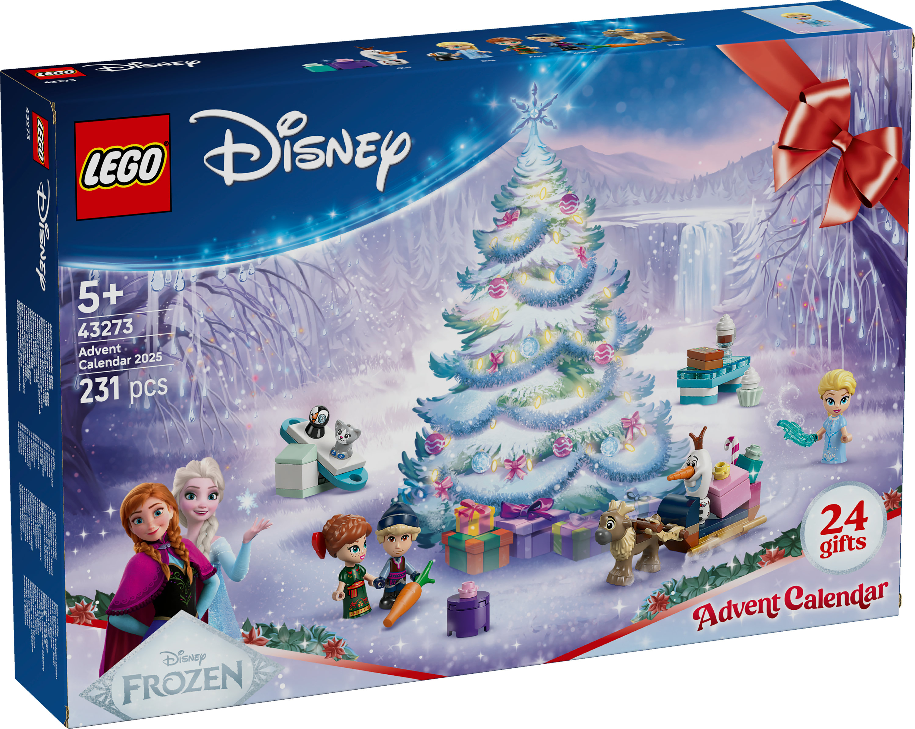 LEGO Disney Frozen Adventskalender-Box. Enthält Figuren, Weihnachtsbaum, Geschenke und eine rote Schleife.