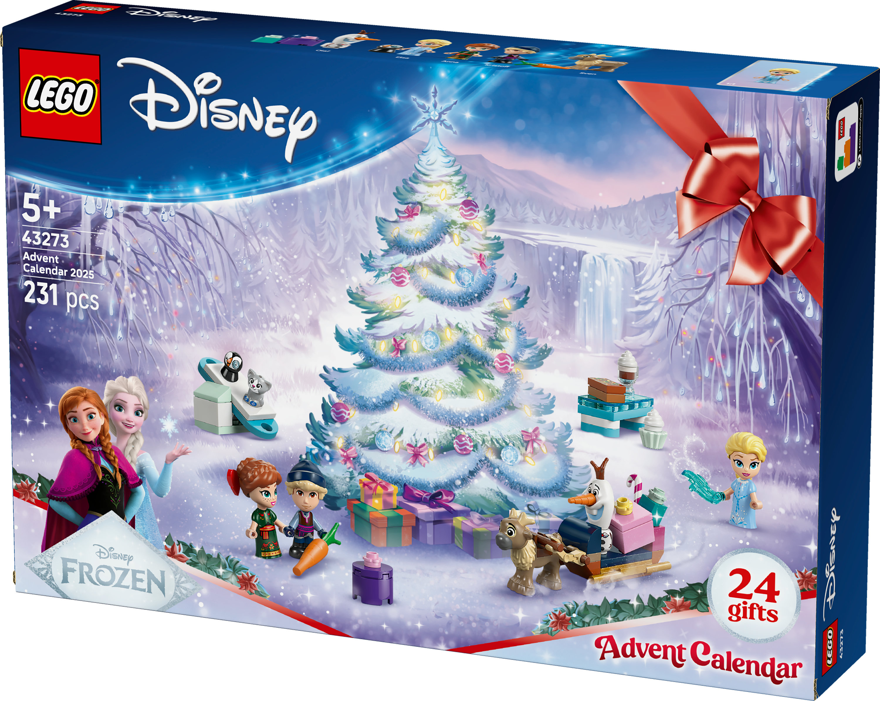 LEGO Disney Frozen Adventskalender-Box mit Figuren, Weihnachtsbaum, Geschenken und roter Schleife.