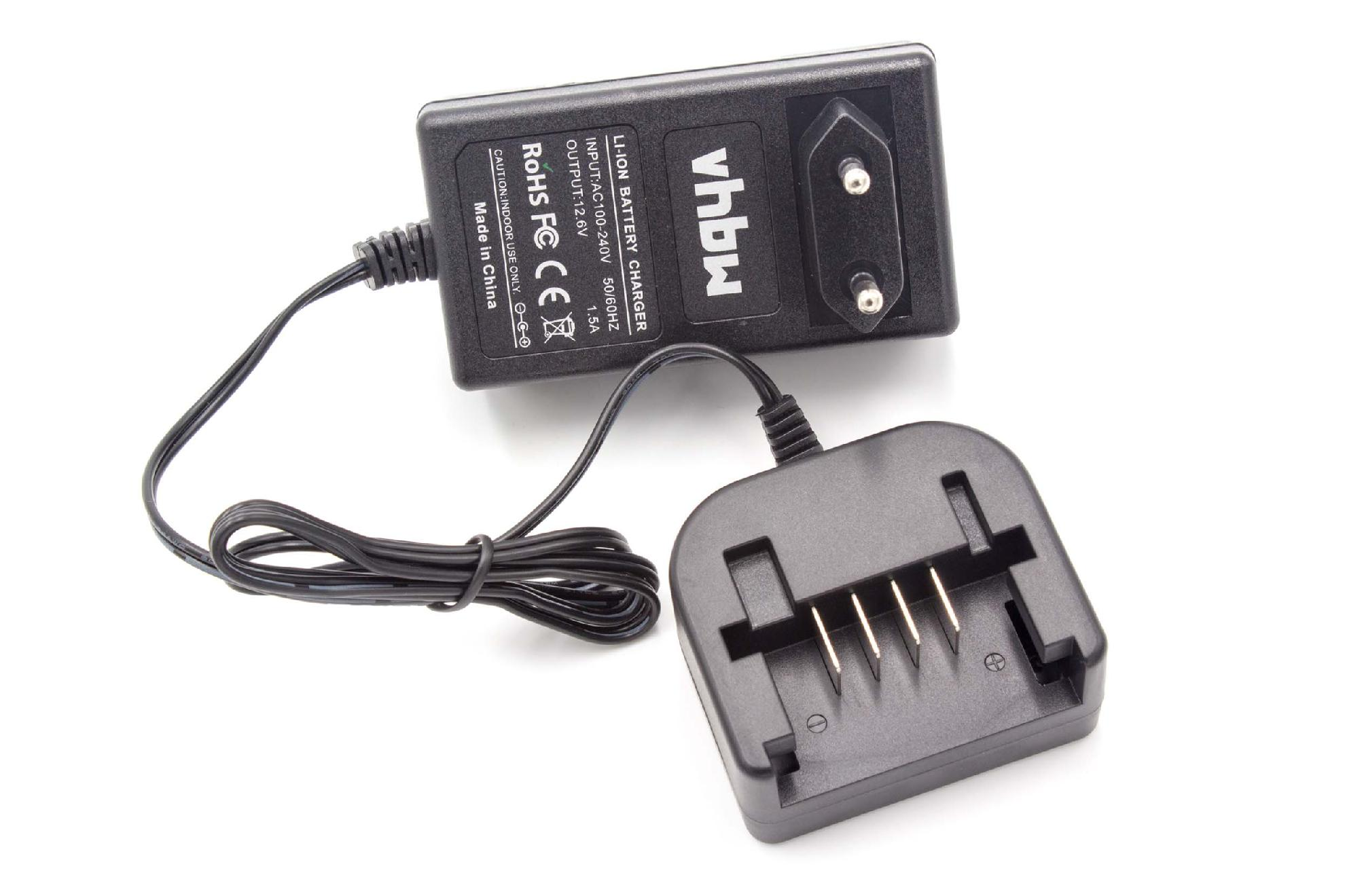 Ein schwarzes Batterieladegerät mit 'vhbw'-Logo. Es hat einen Stecker, ein Kabel und eine Ladestation. Der Hintergrund ist weiß.