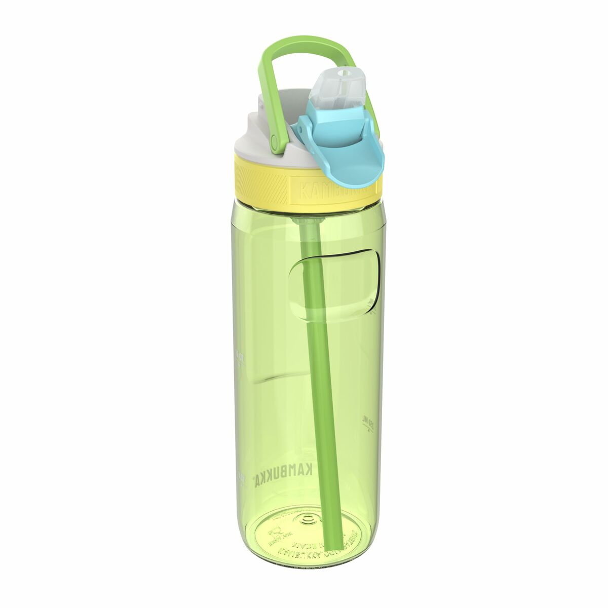 Eine transparente grüne Wasserflasche mit grünem Strohhalm. Sie hat einen gelben, weißen und blauen Deckel. Der Griff ist grün.