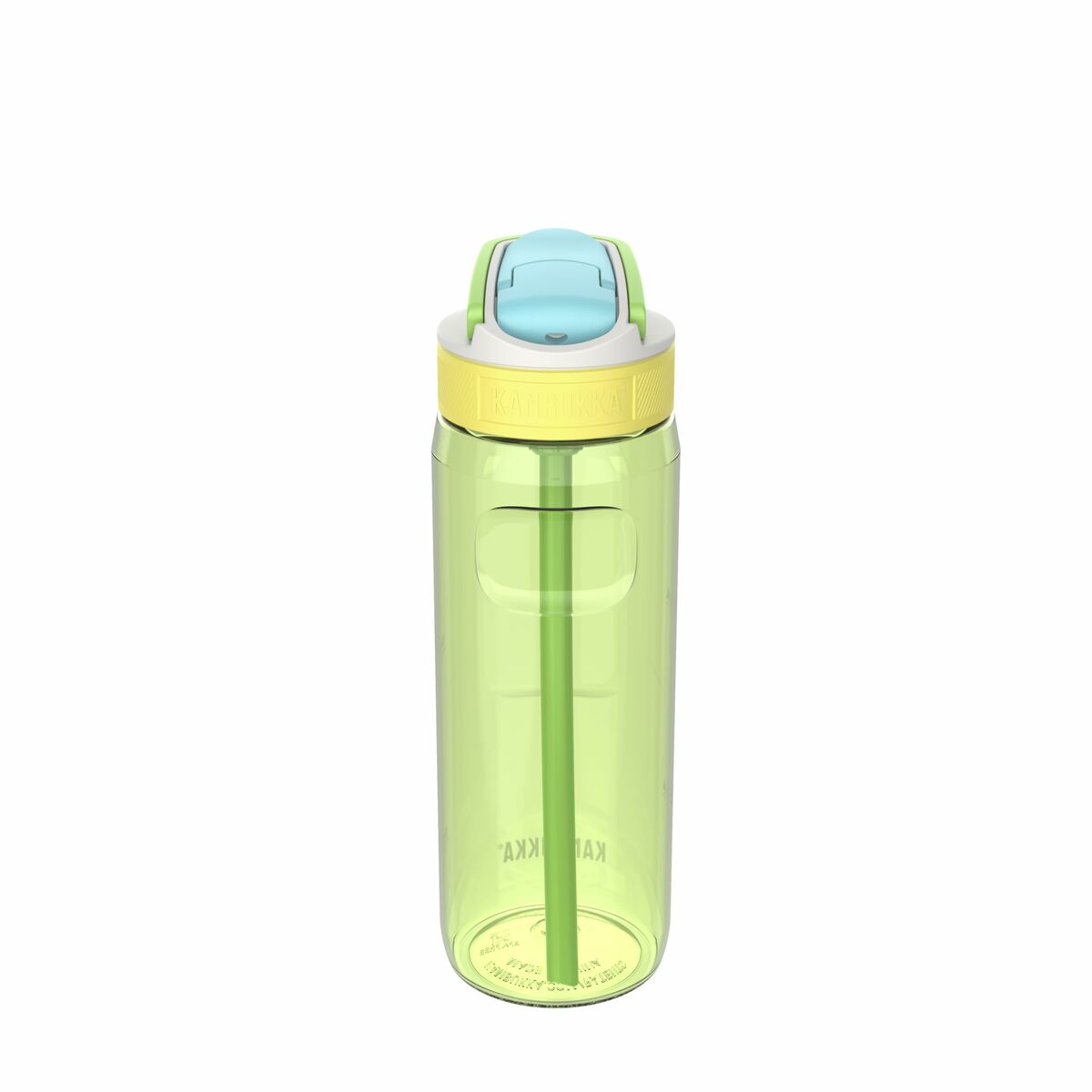 Eine klare, grüne Wasserflasche mit blauem und gelbem Deckel. Es hat einen grünen Strohhalm im Inneren. Der Hintergrund ist schlicht weiß.