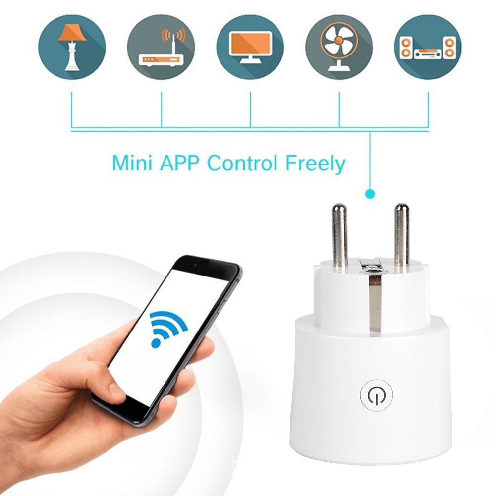 Hand hält Telefon mit WLAN-Symbol. Intelligenter Stecker mit Ein-/Aus-Taste. Symbole für Lampe, Router, TV, Ventilator, Stereoanlage. Text: Mini-APP-Steuerung.