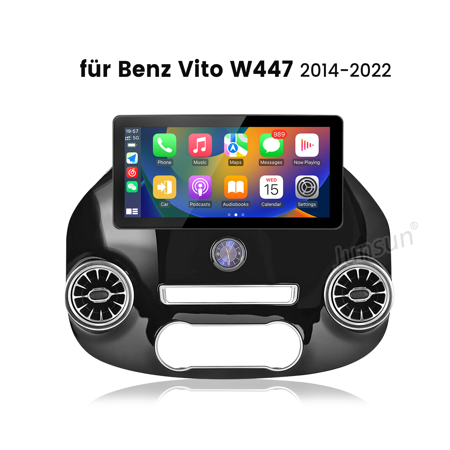 Ein Auto-Multimedia-System mit einem Bildschirm, der Apps, Telefon und Musik anzeigt. Es passt für Benz Vito W447 von 2014-2022. Schwarzes Panel mit Lüftungsschlitzen.