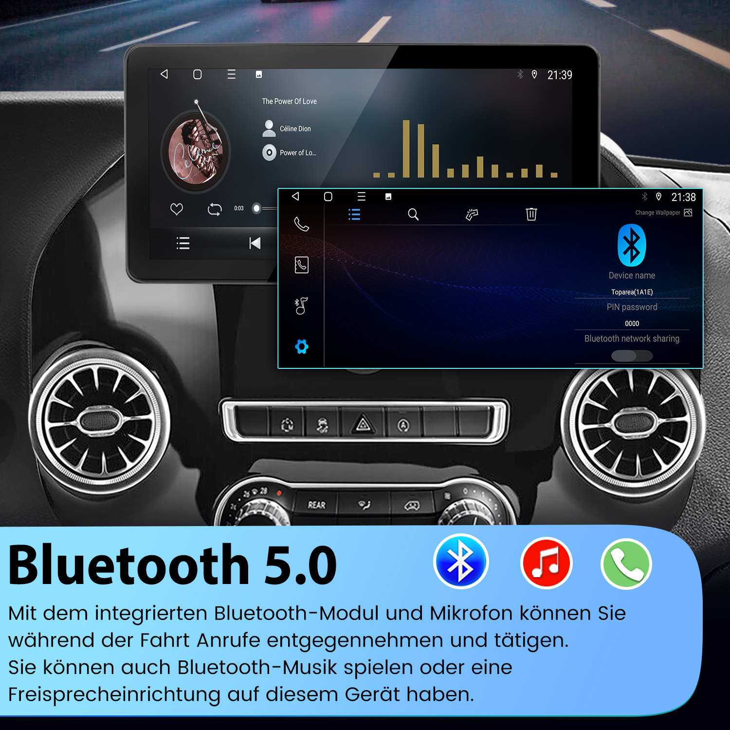 Das Auto-Infotainmentsystem zeigt Musik- und Bluetooth-Einstellungen an. Es zeigt einen Song von Celine Dion und Bluetooth-Funktionen auf dem Bildschirm.