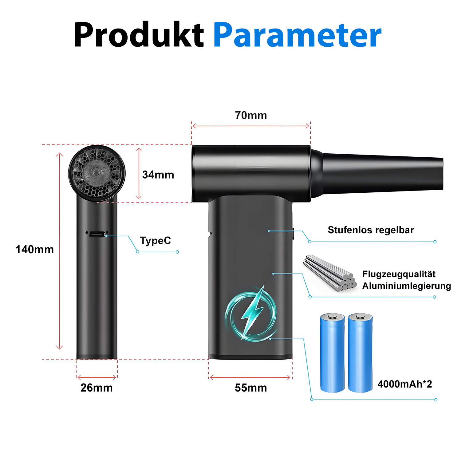 Diagramm eines schwarzen Geräts mit Abmessungen, Beschriftungen und Batteriespezifikationen. Text enthält 'Produkt Parameter' und 'TypeC'.