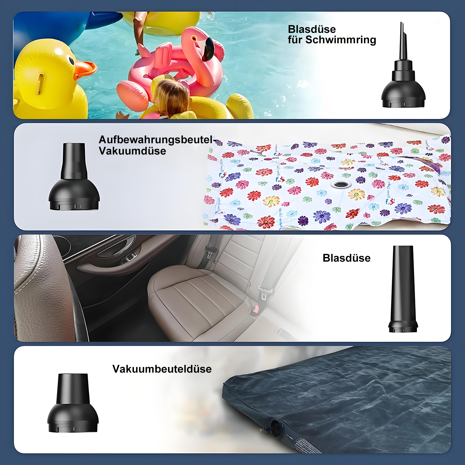 Das Bild zeigt eine Poolszene mit aufblasbaren Spielzeugen, einem schwarzen Düsenaufsatz und einer blumenmusternden Matte. Ein Autositz ist ebenfalls zu sehen.