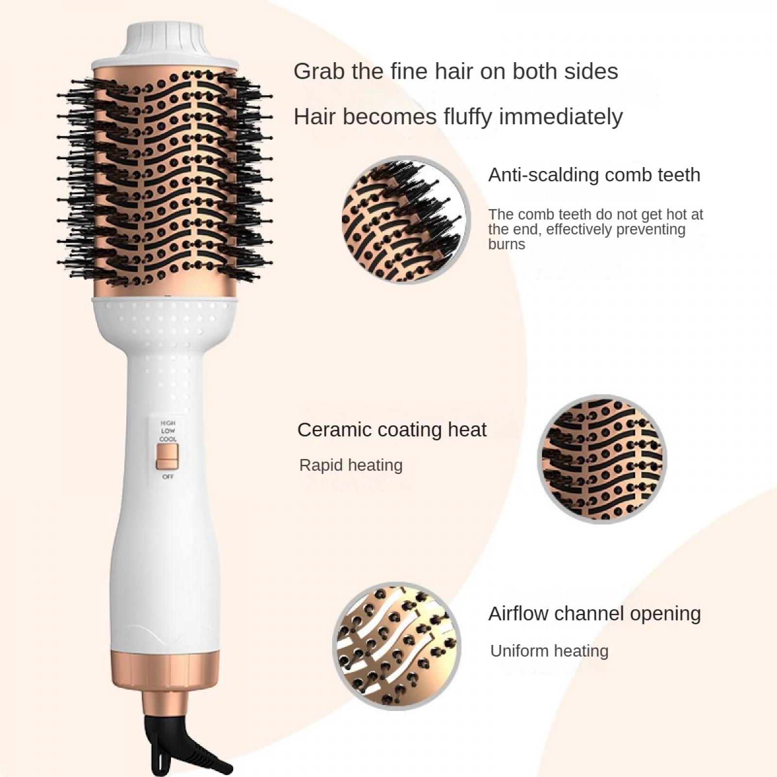 Ein weißes und goldenes Haarstyling-Tool. Es hat einen Bürstenkopf und ist mit Funktionen wie Hitze und Luftstrom versehen.